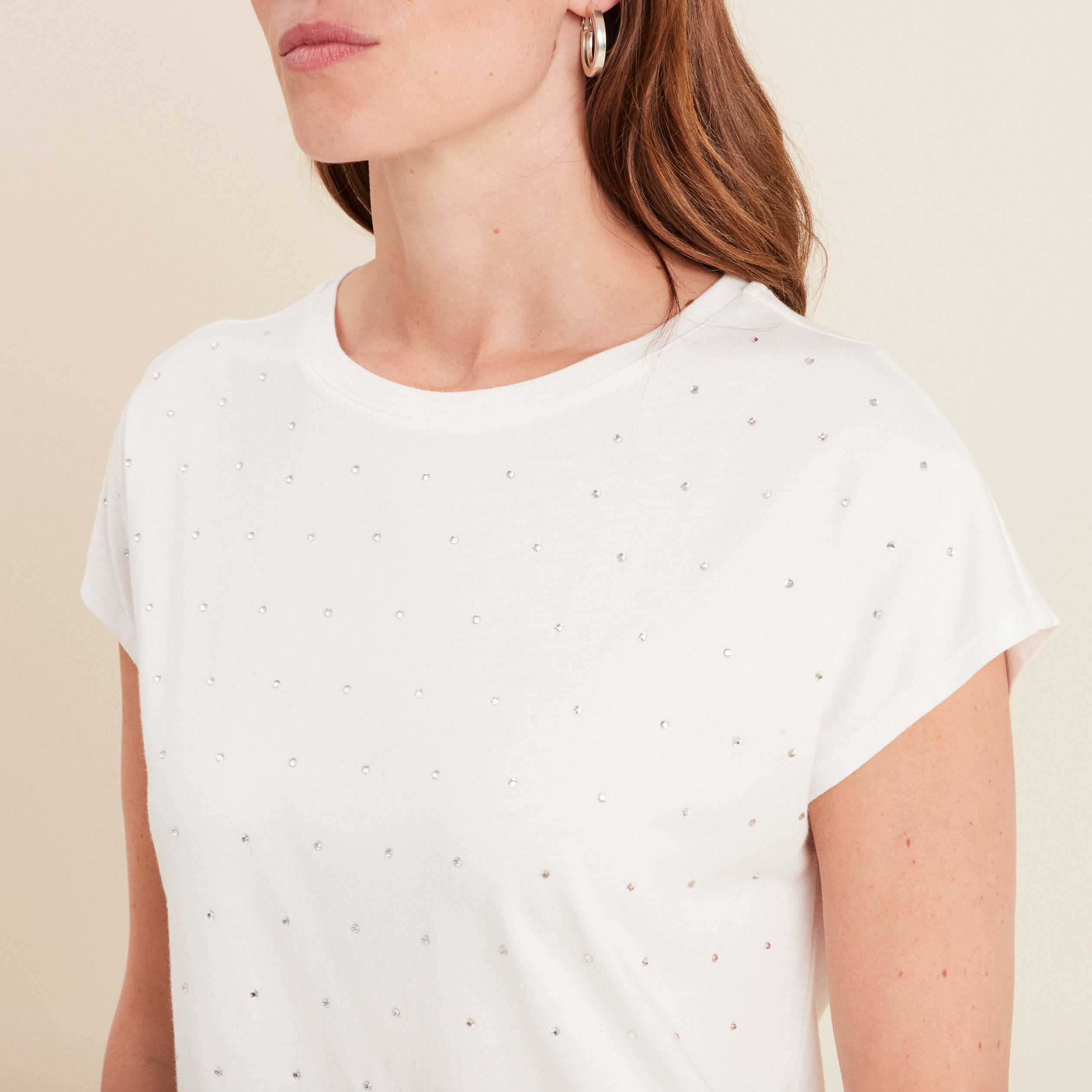 t shirt manches courtes strass ecru femme T-shirt manches courtes strass ecru femme
