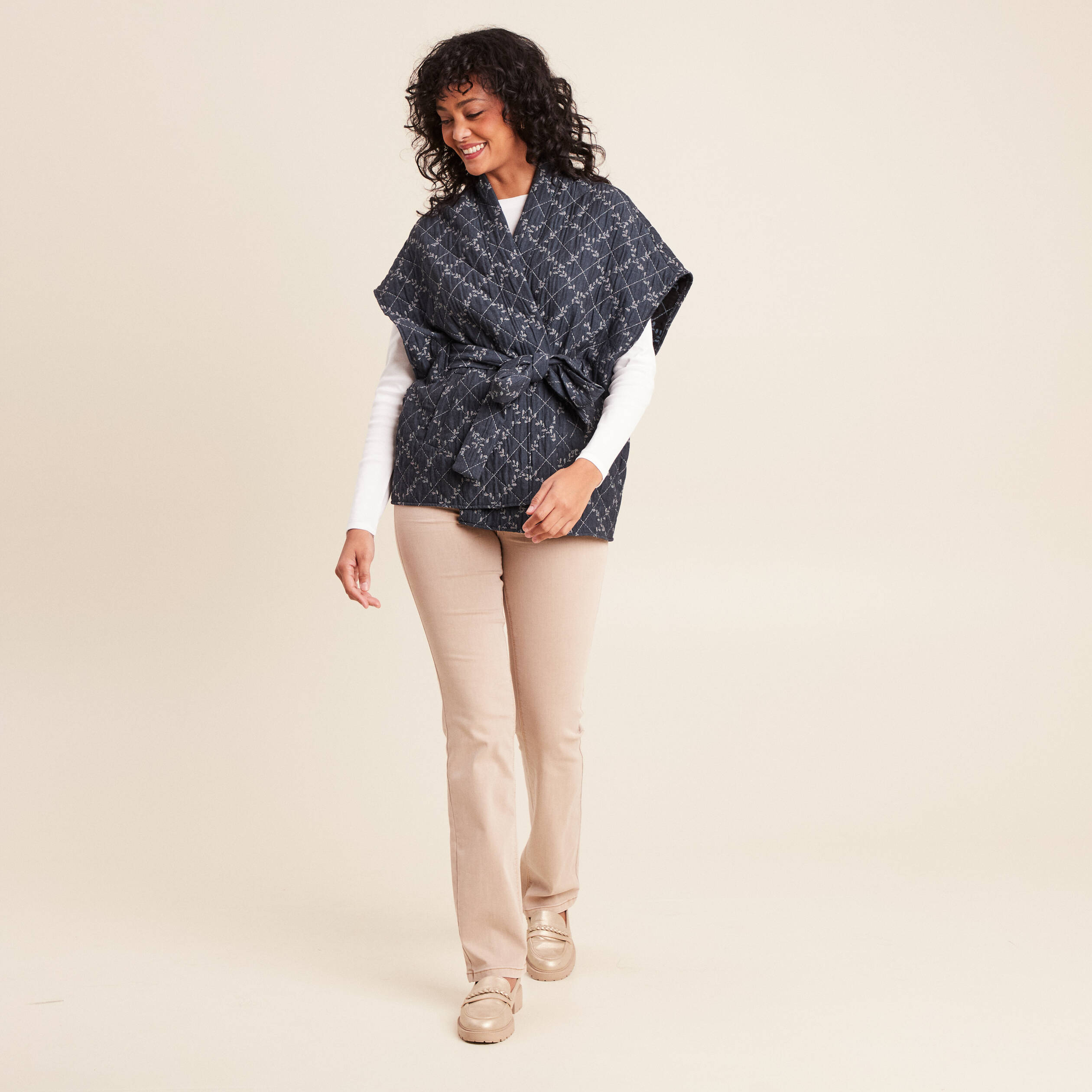 Kimono ceintur&eacute; denim stone femme
