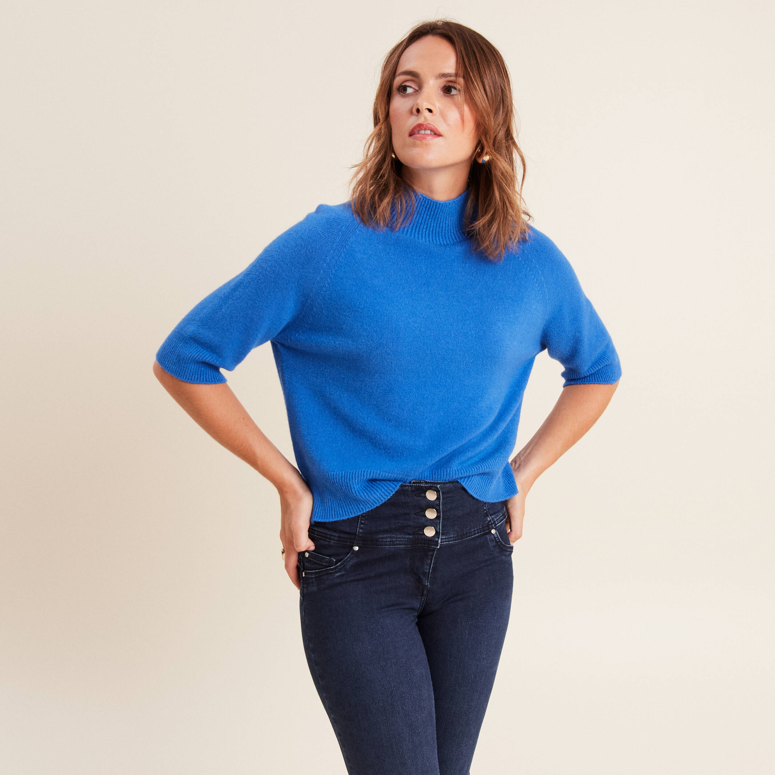 Pull manches 3/4 bleu femme
