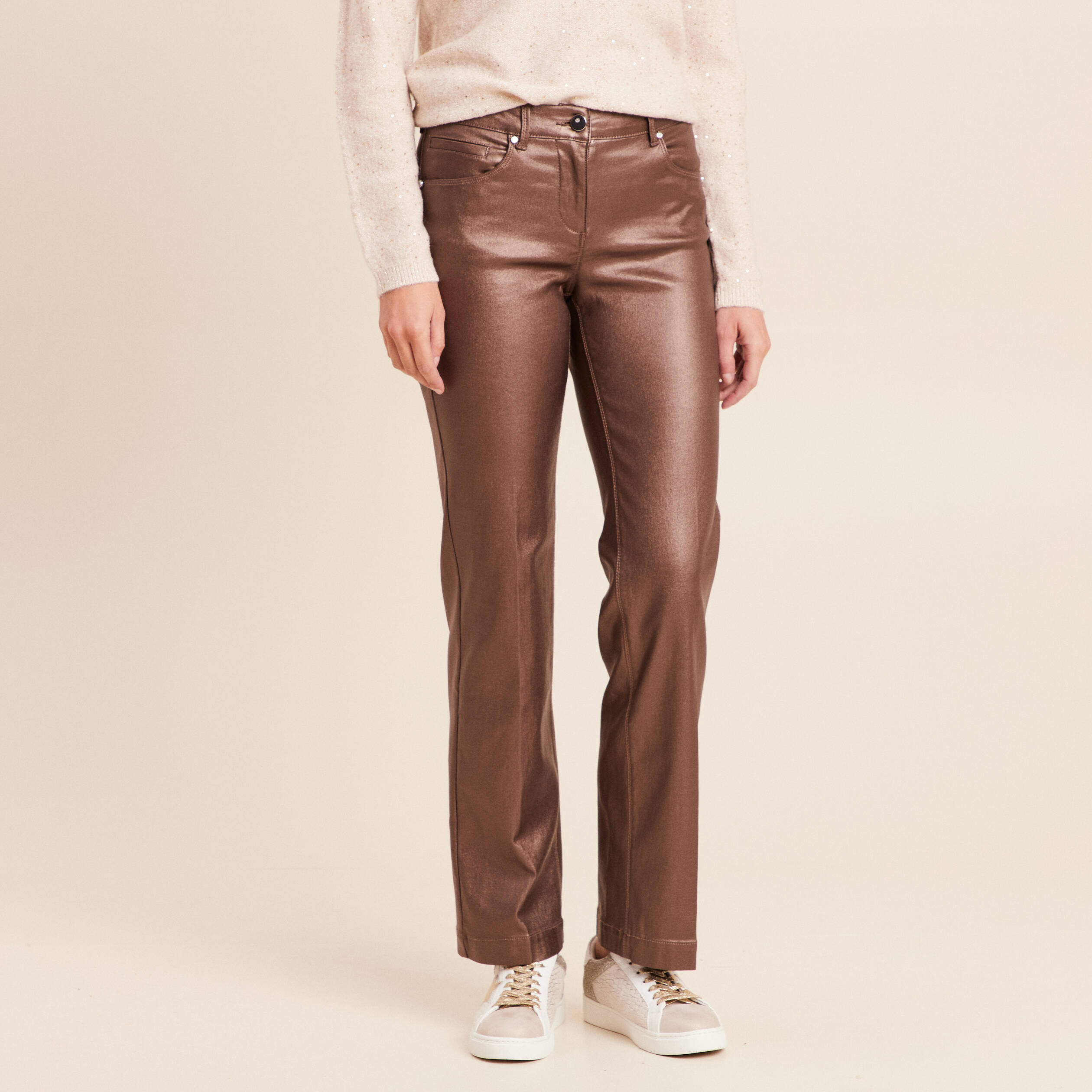 Pantalon enduit coupe large marron fonc&eacute; femme