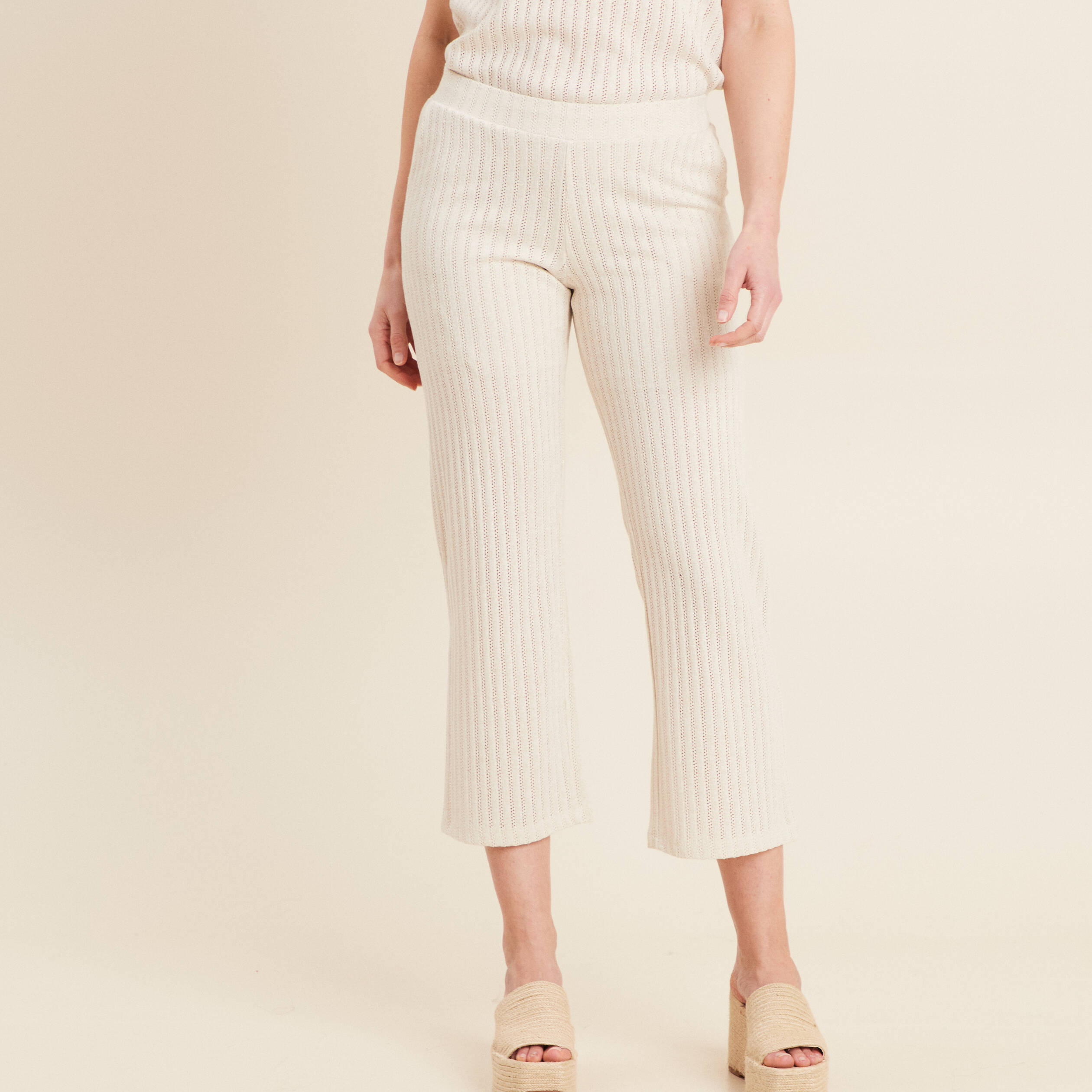 Pantalon maille large ecru femme