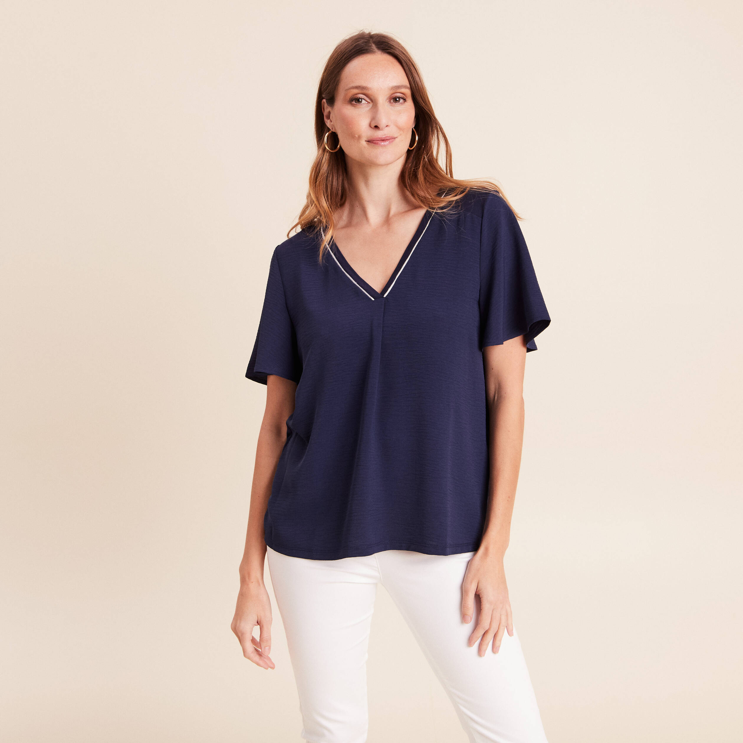 T-shirt bi-mati&egrave;re manches courtes bleu marine femme