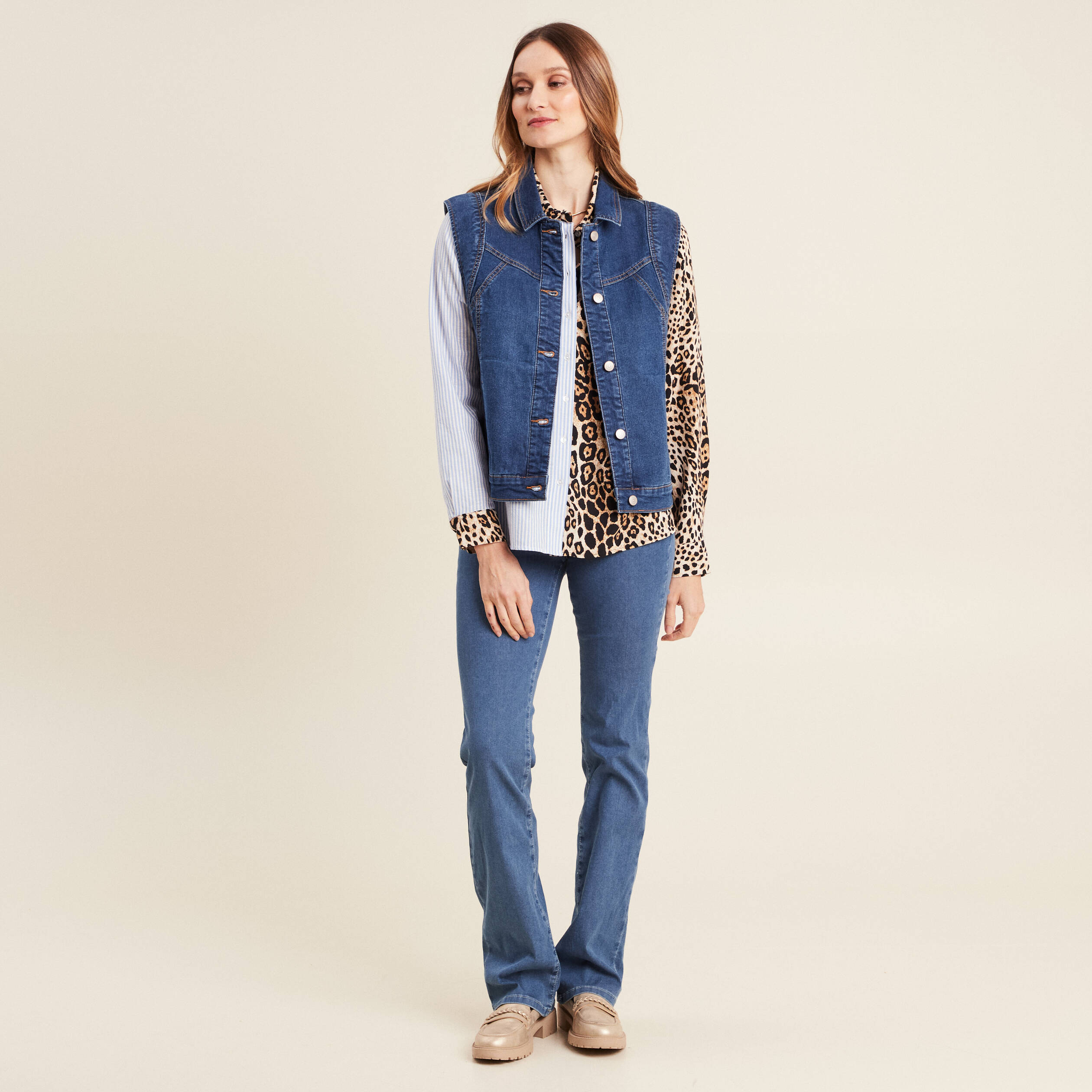 Veste sans manches en jean denim stone femme