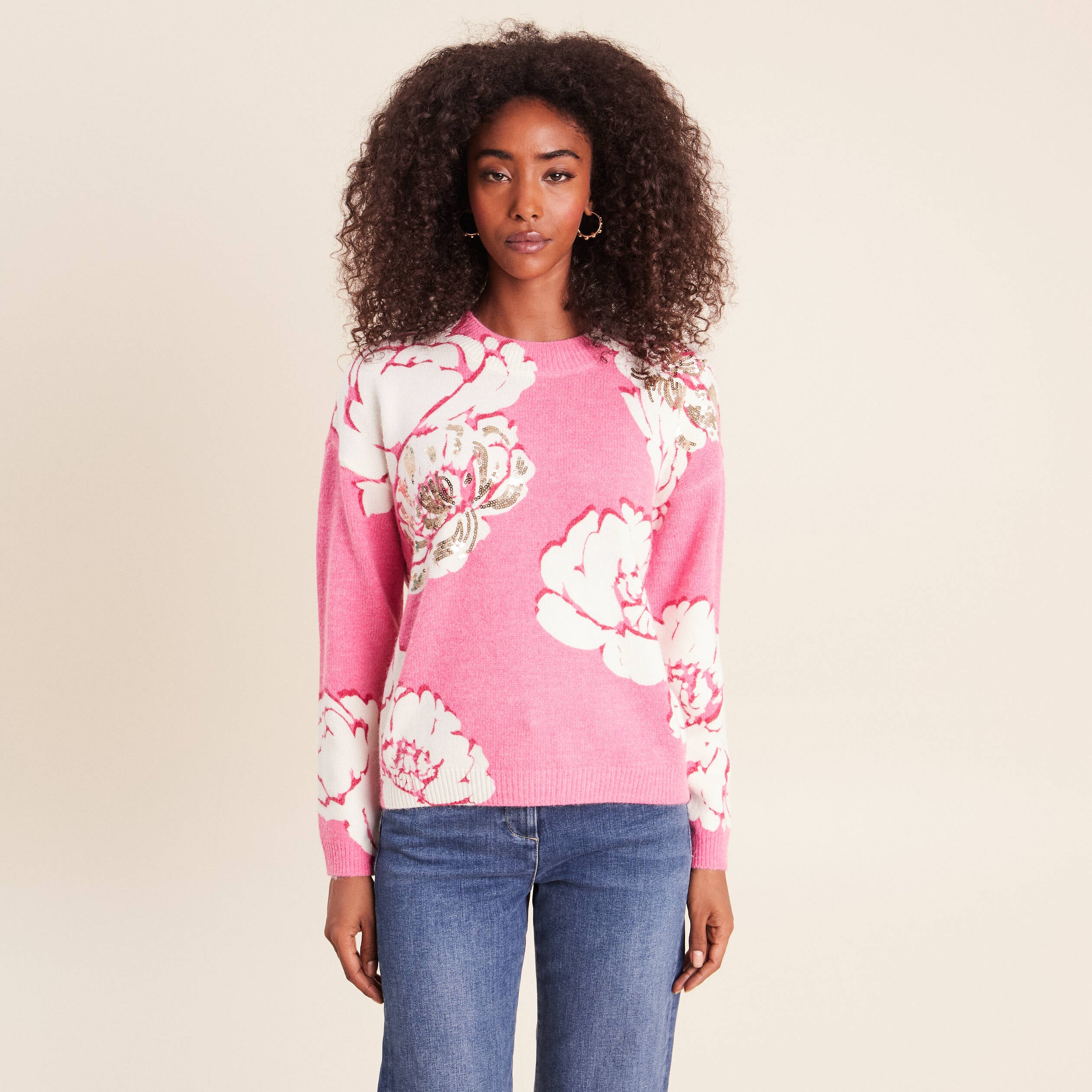 Pull col rond rose femme