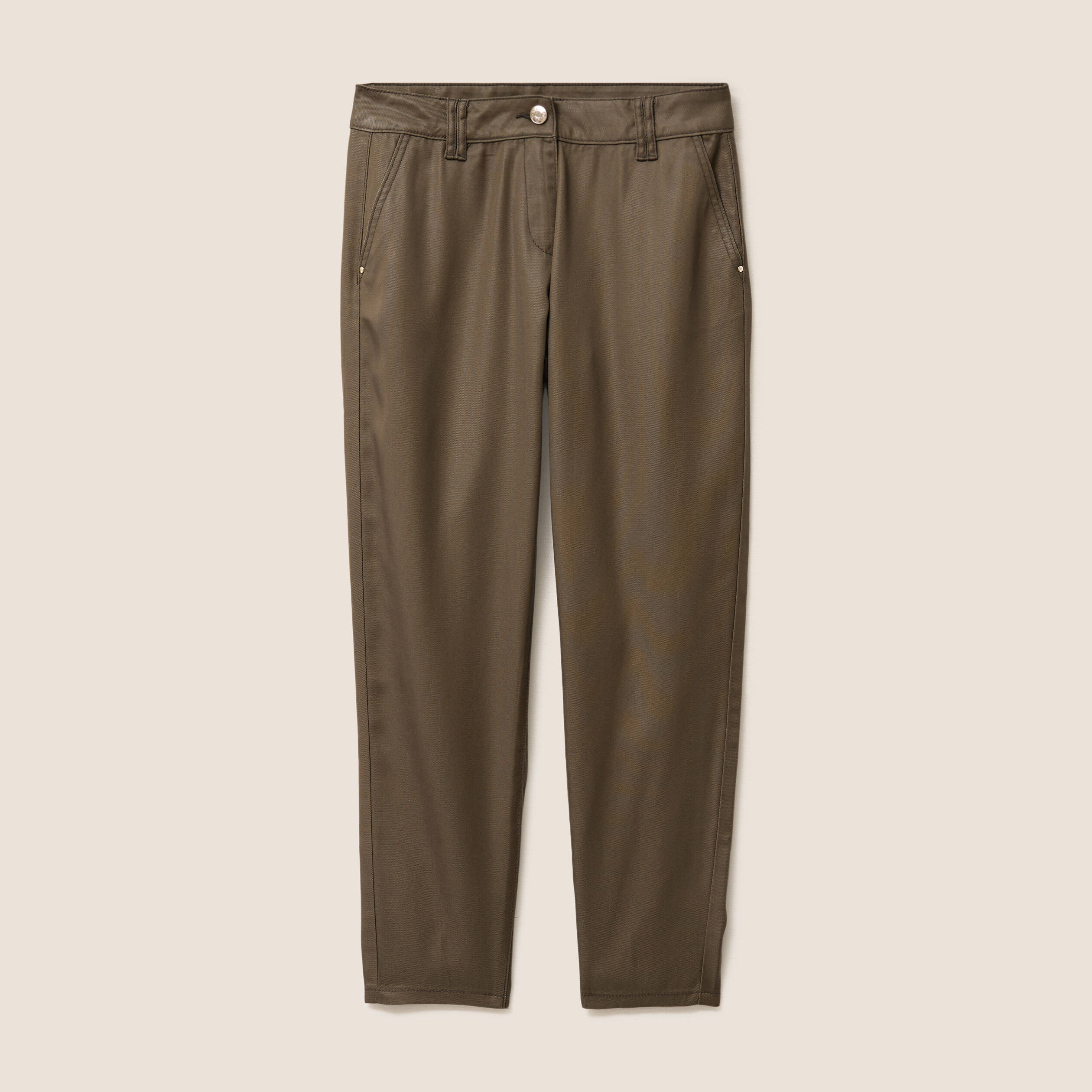 Pantalon coupe chino 7/8&egrave;me effet enduit vert kaki femme