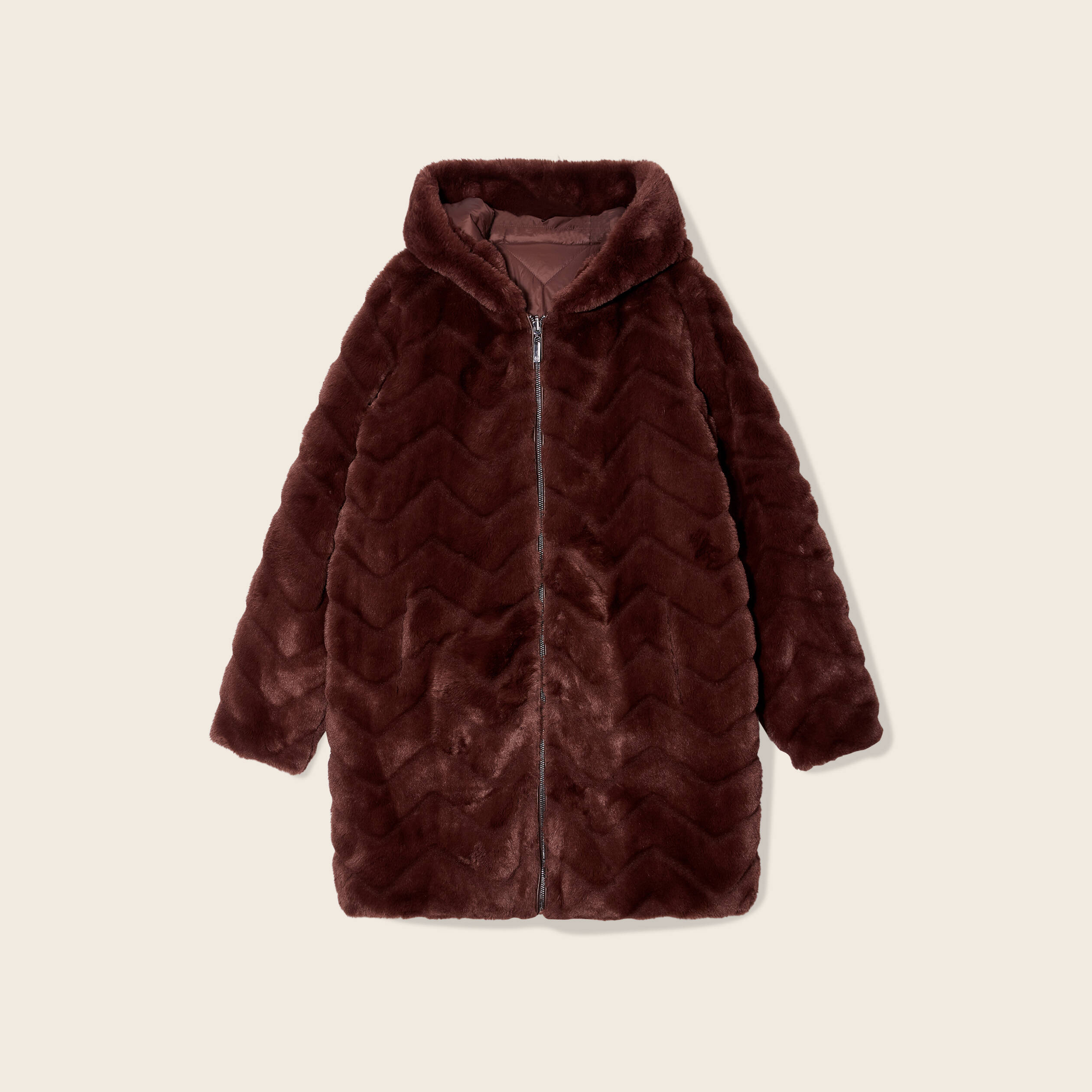 Manteau fausse fourrure réversible marron foncé femme