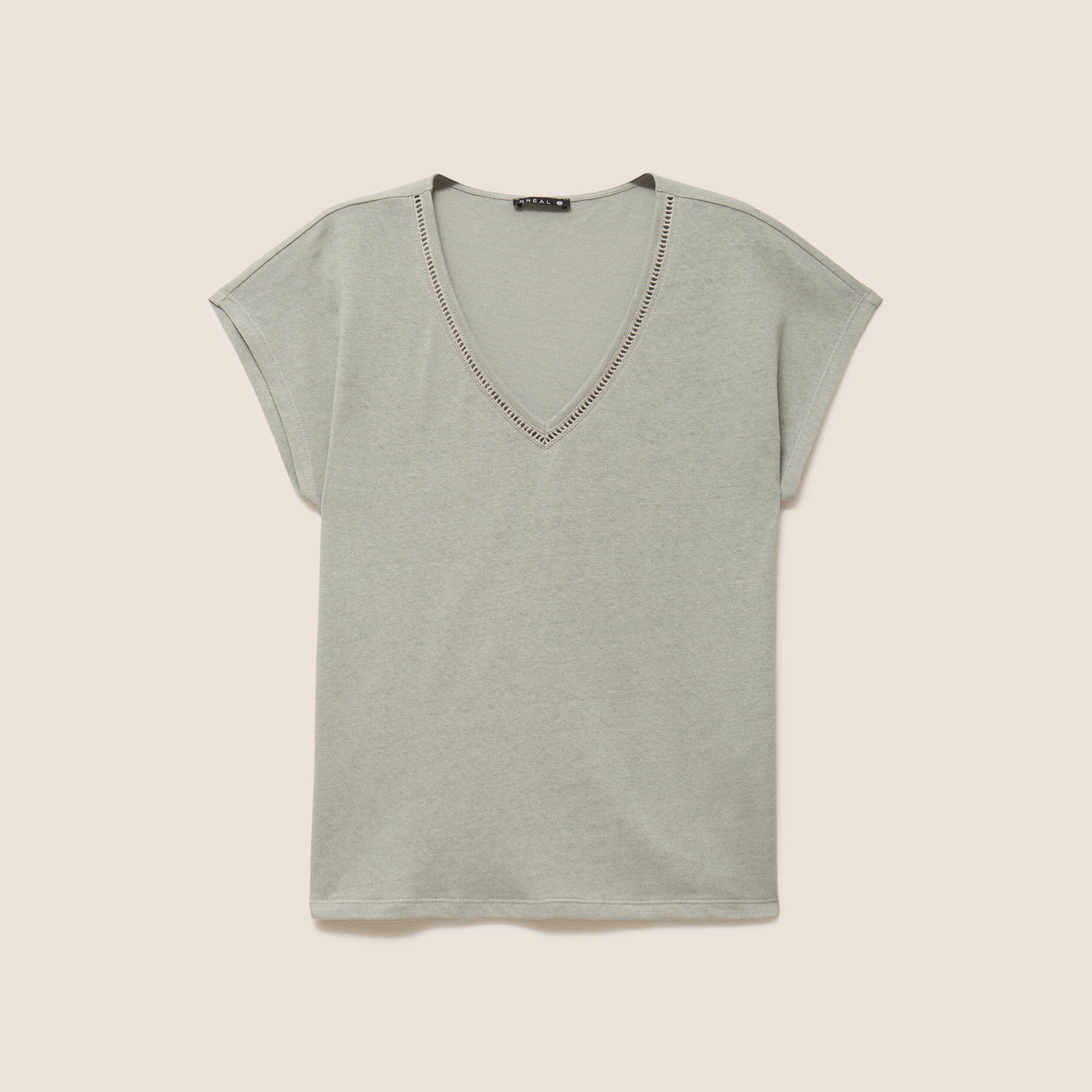 T-shirt col v manches courtes aspect lin vert clair femme