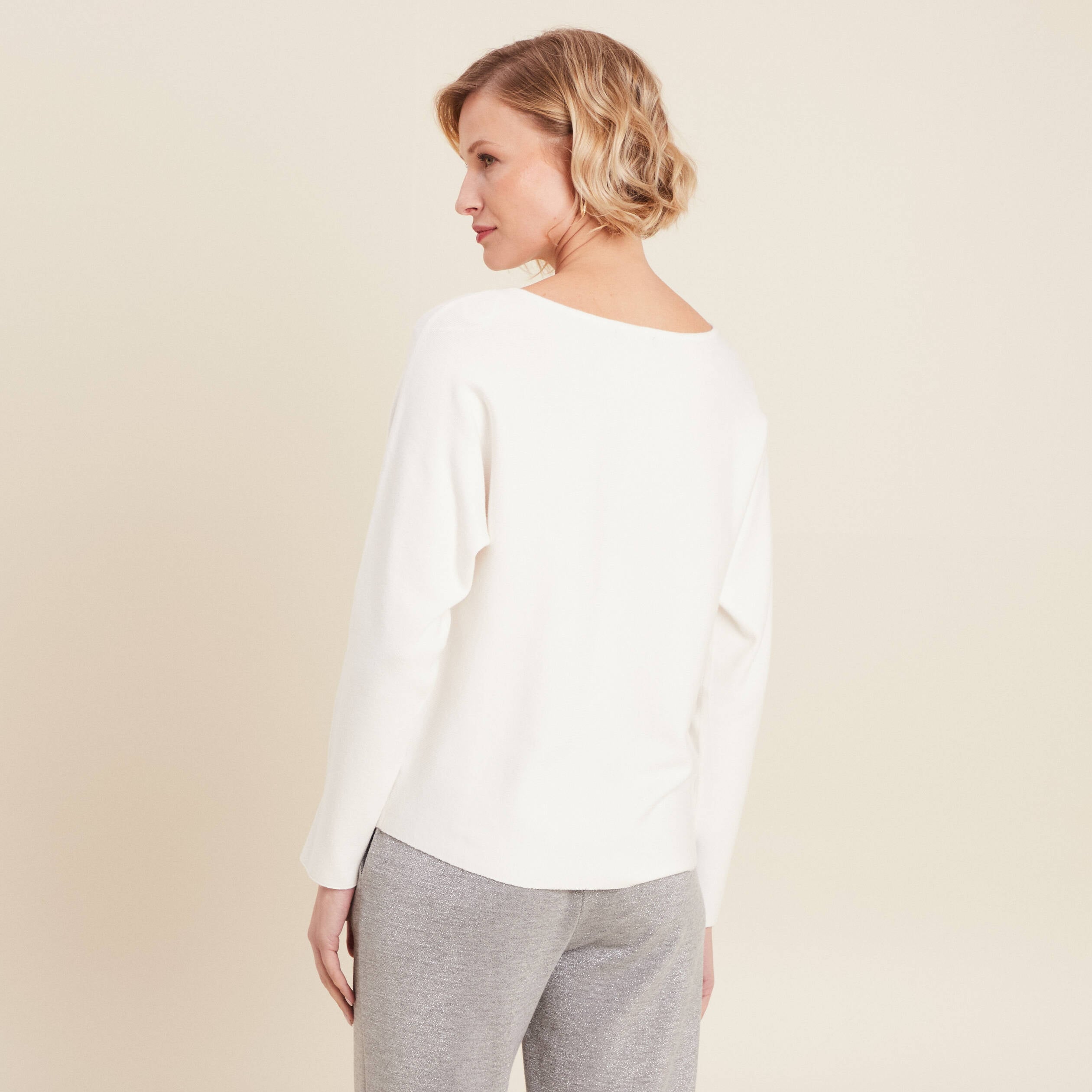 Pull manches longues strass ecru femme