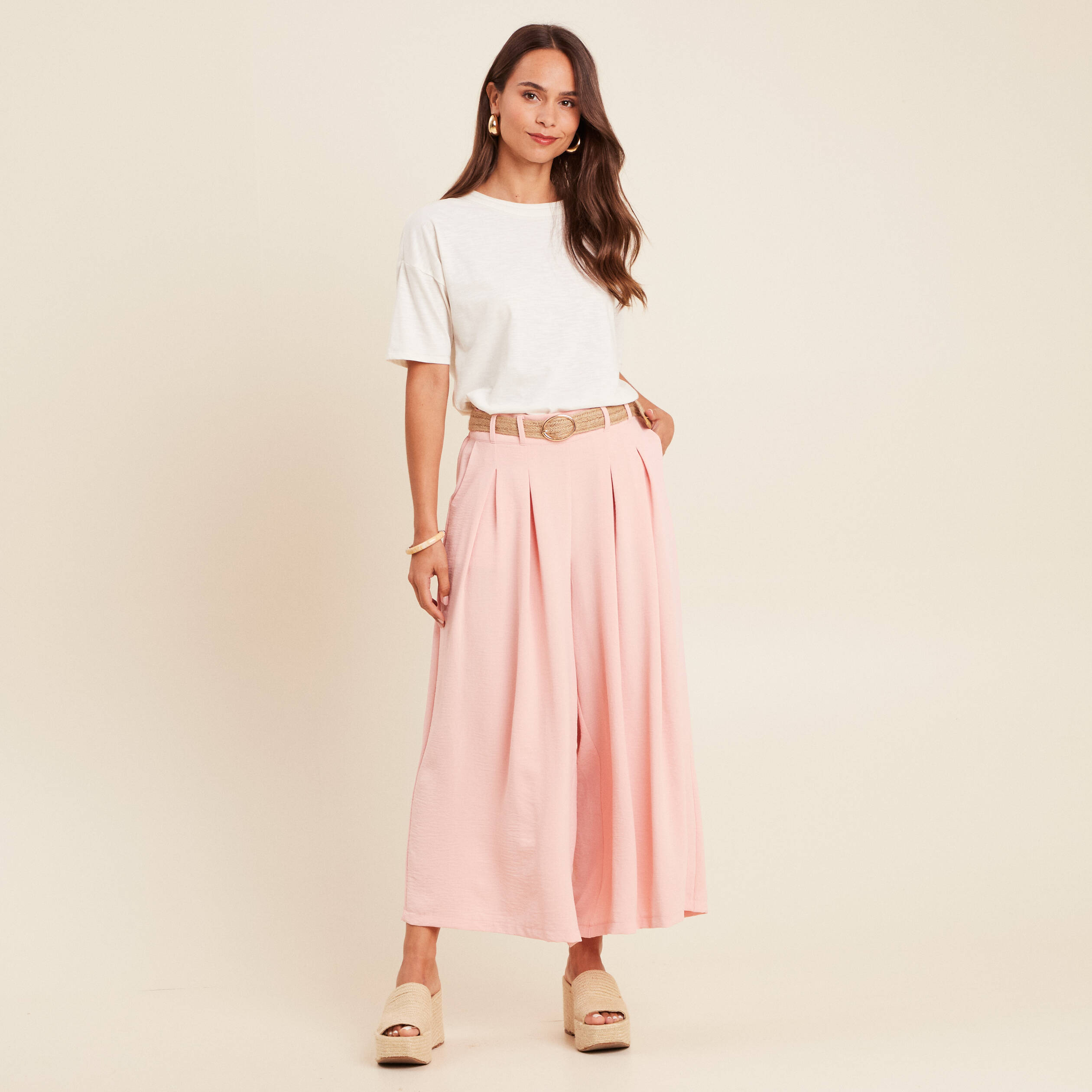 pantalon jupe culotte large rose saumon femme Pantalon jupe-culotte large rose saumon femme