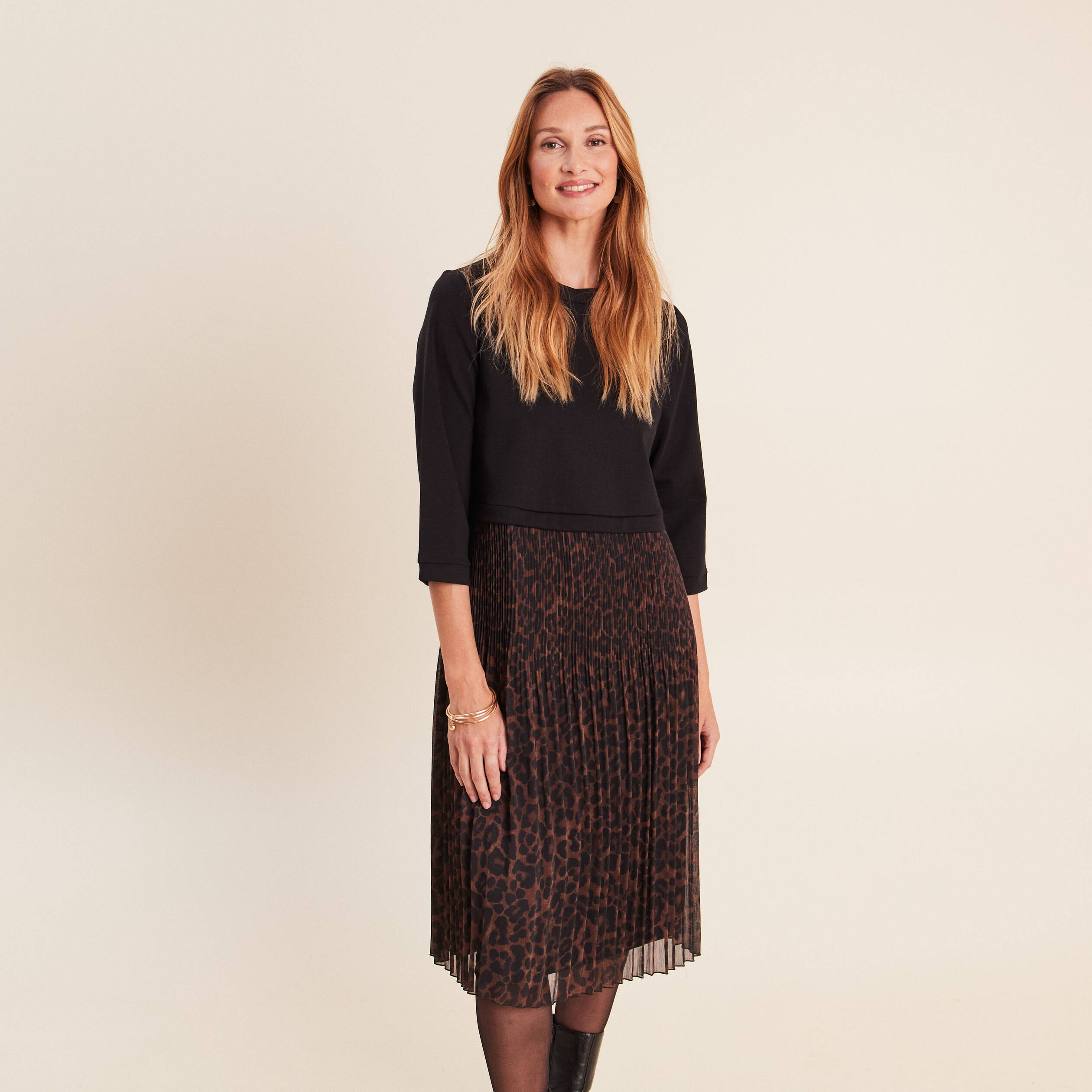 Robe bi-mati&egrave;re &eacute;vas&eacute;e col rond marron femme