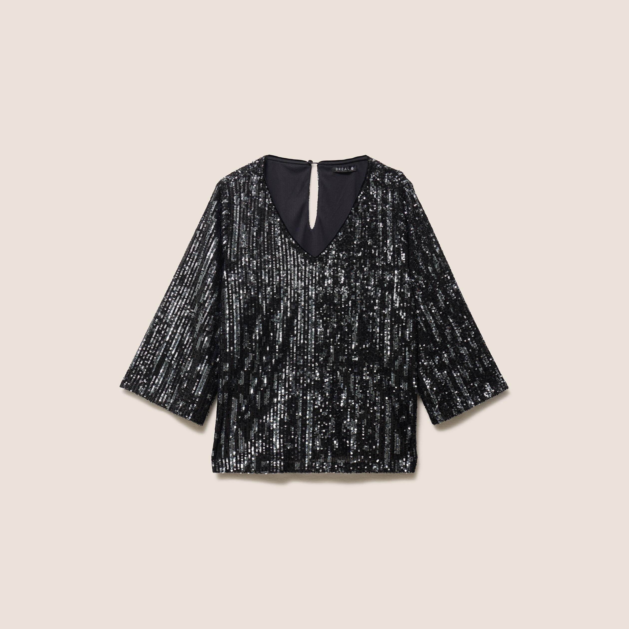 Blouse col v manches 3/4 &agrave; sequins gris fonc&eacute; femme