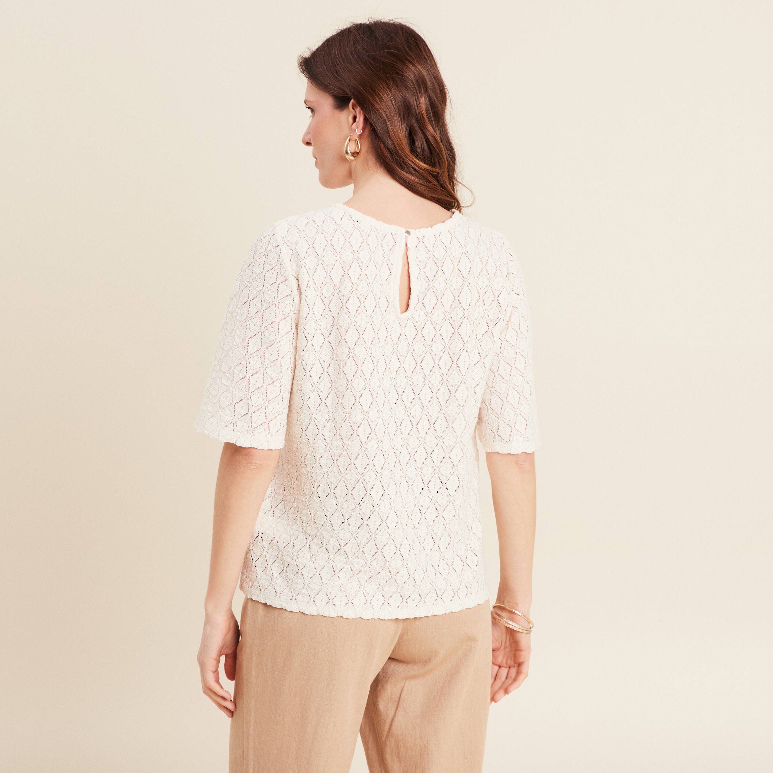 Blouse manches courtes ajourée ecru femme