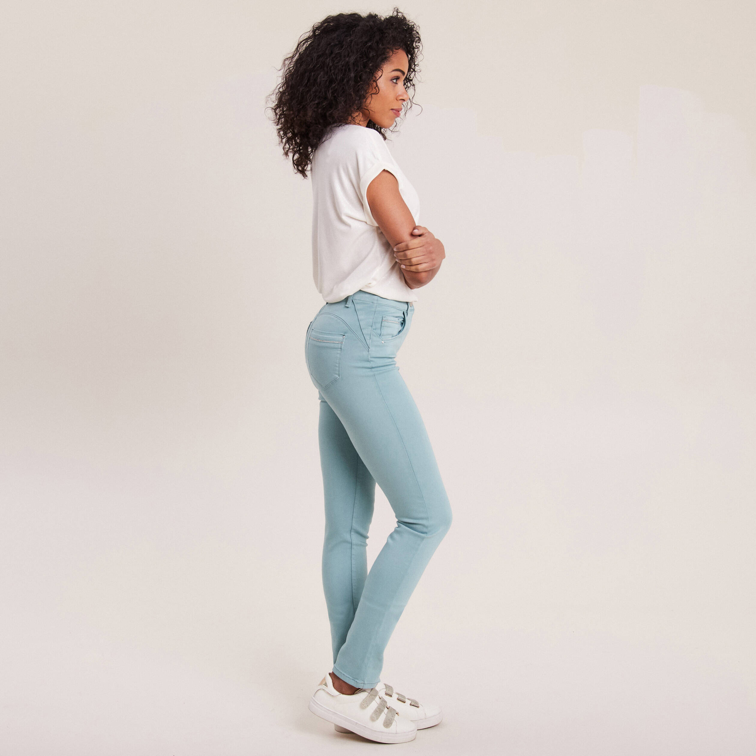 Pantalon ajusté taille haute bleu canard femme