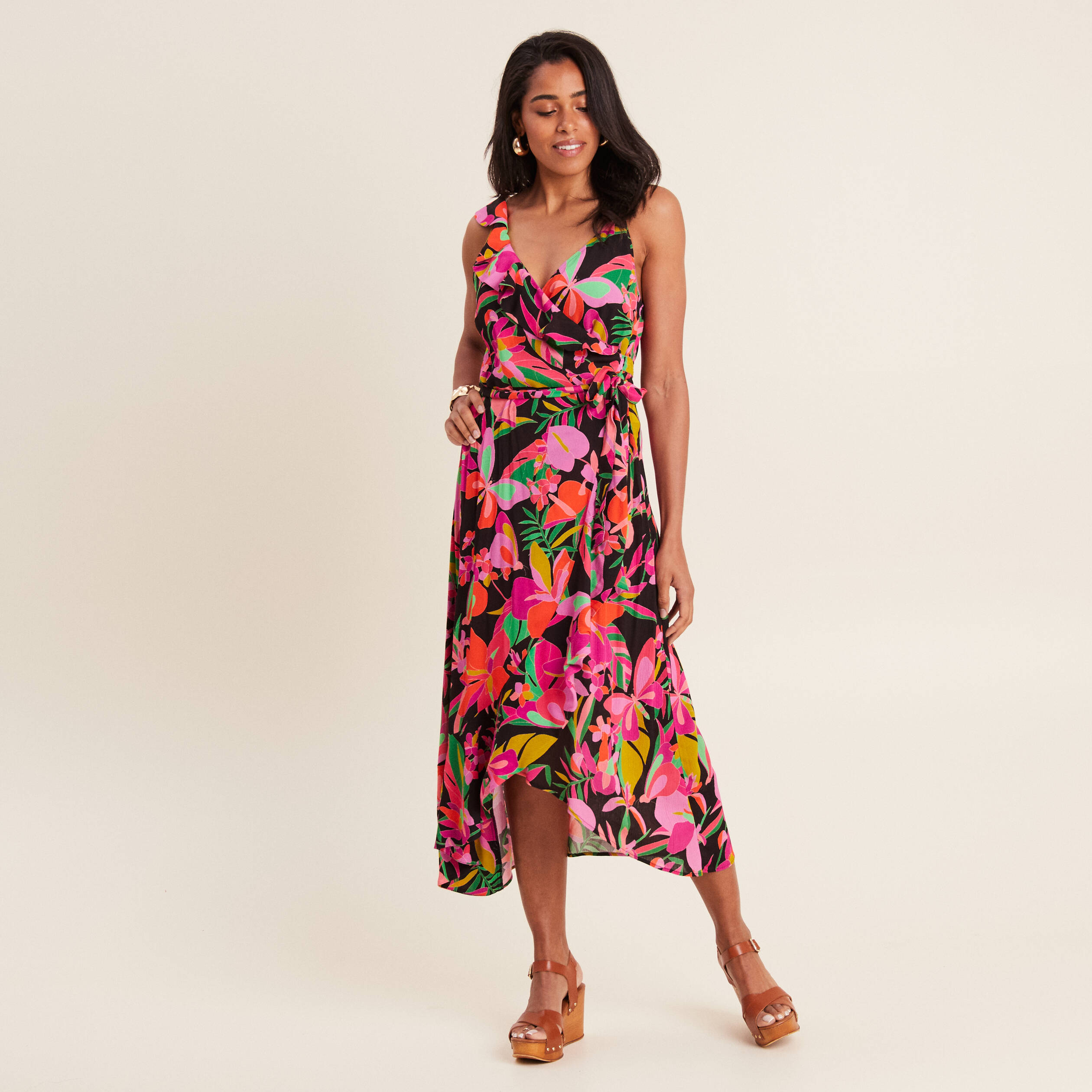 Robe longue portefeuille rose fushia femme