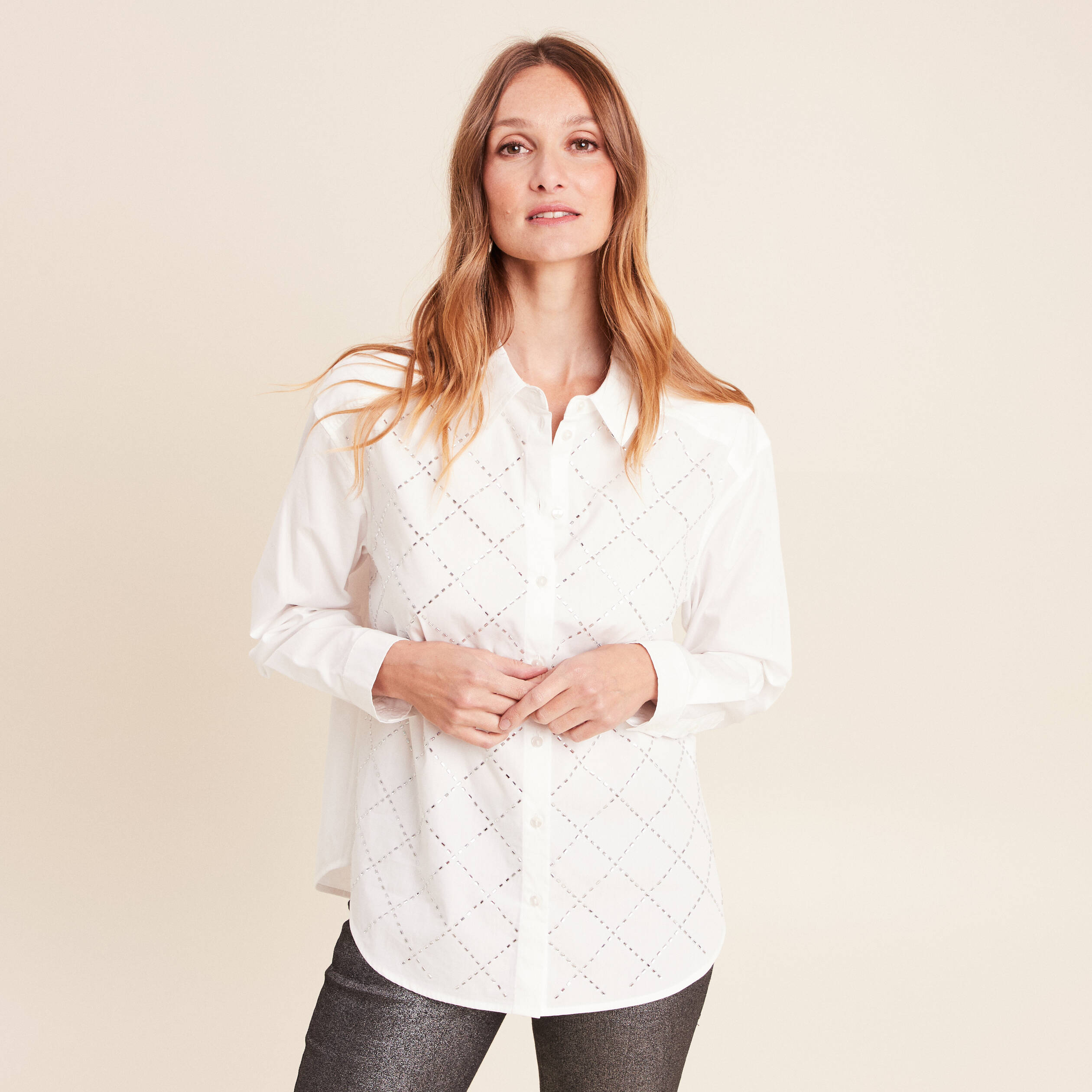 Chemise manches longues en coton strass blanc femme