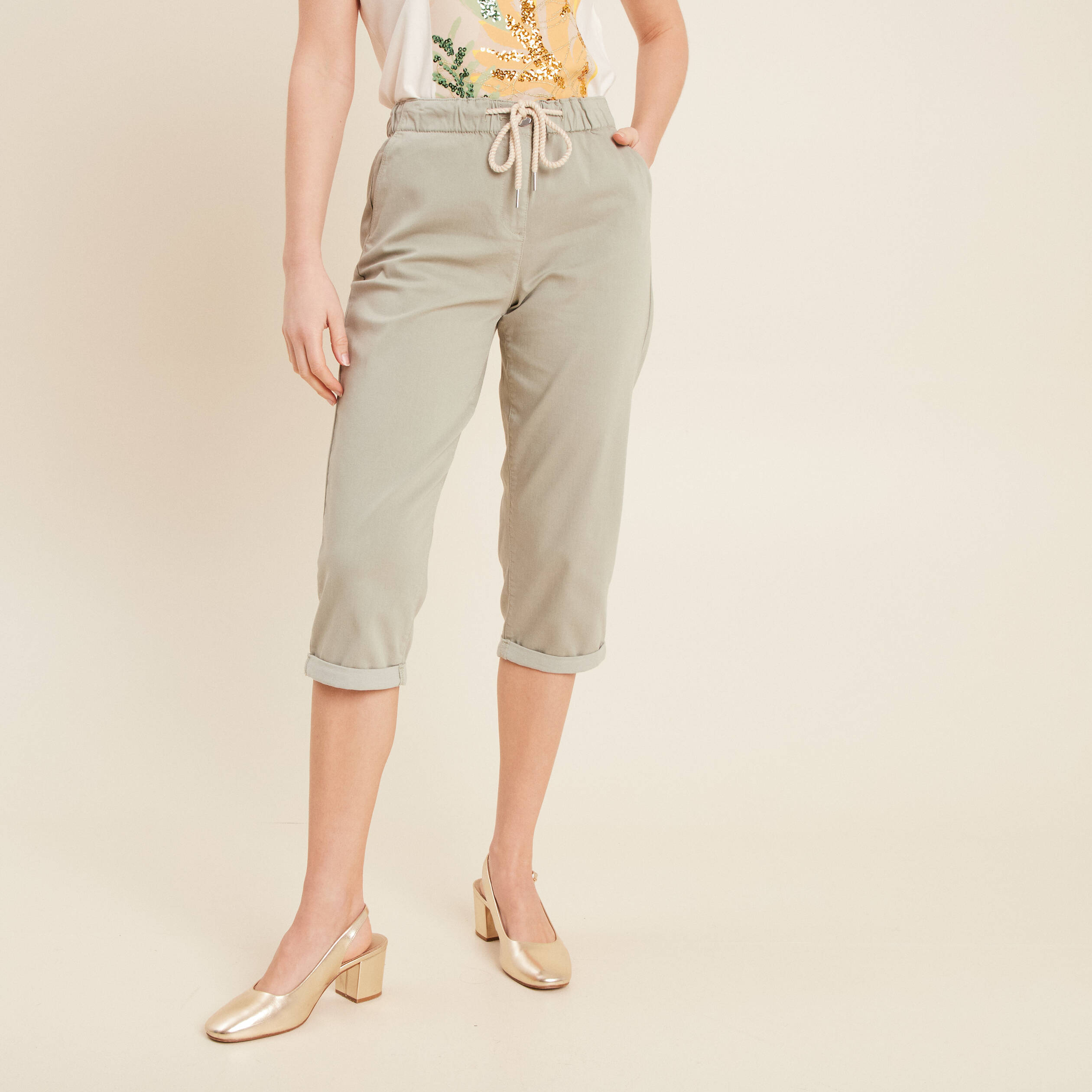 Pantacourt coupe mom large vert clair femme