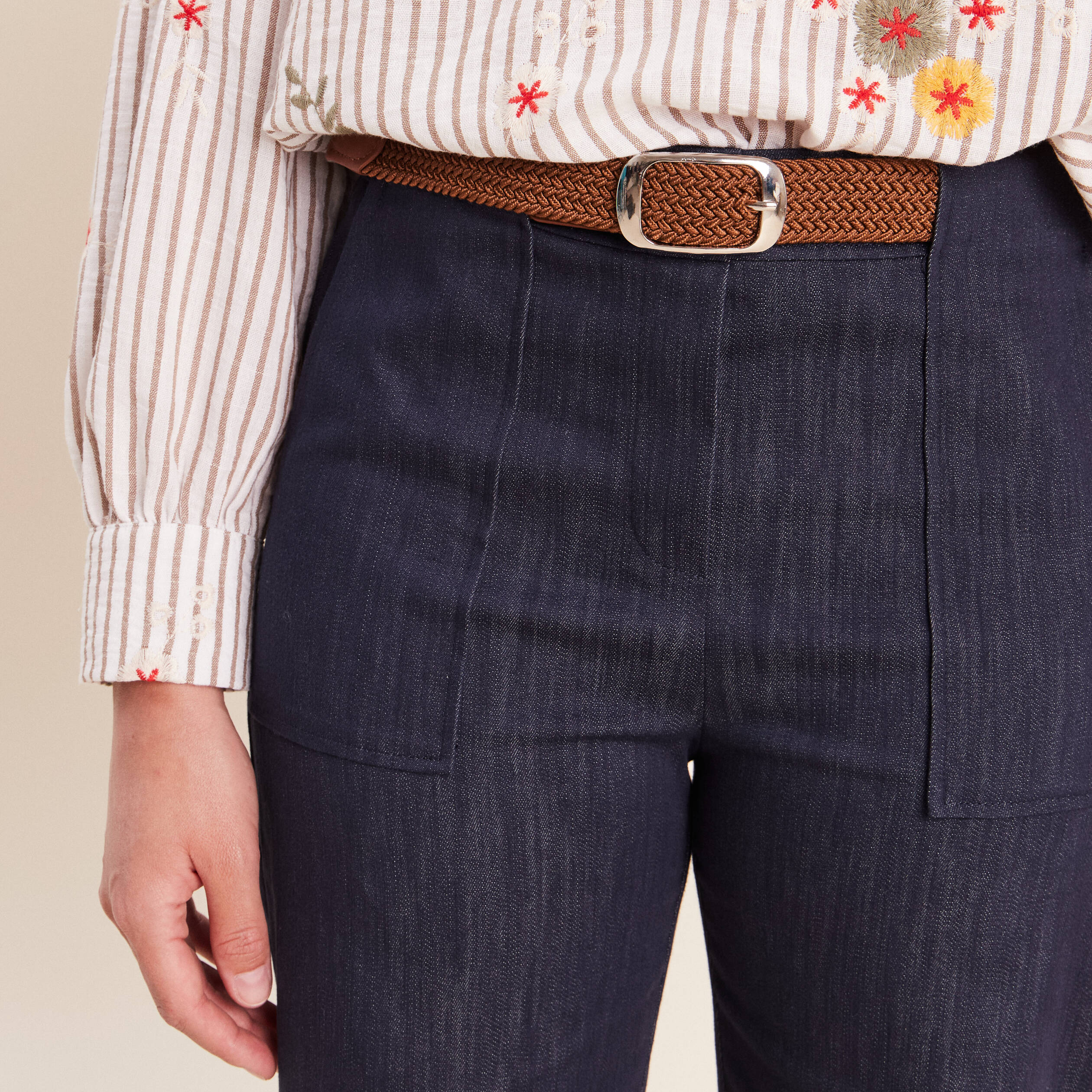Jean cargo taille haute denim brut femme