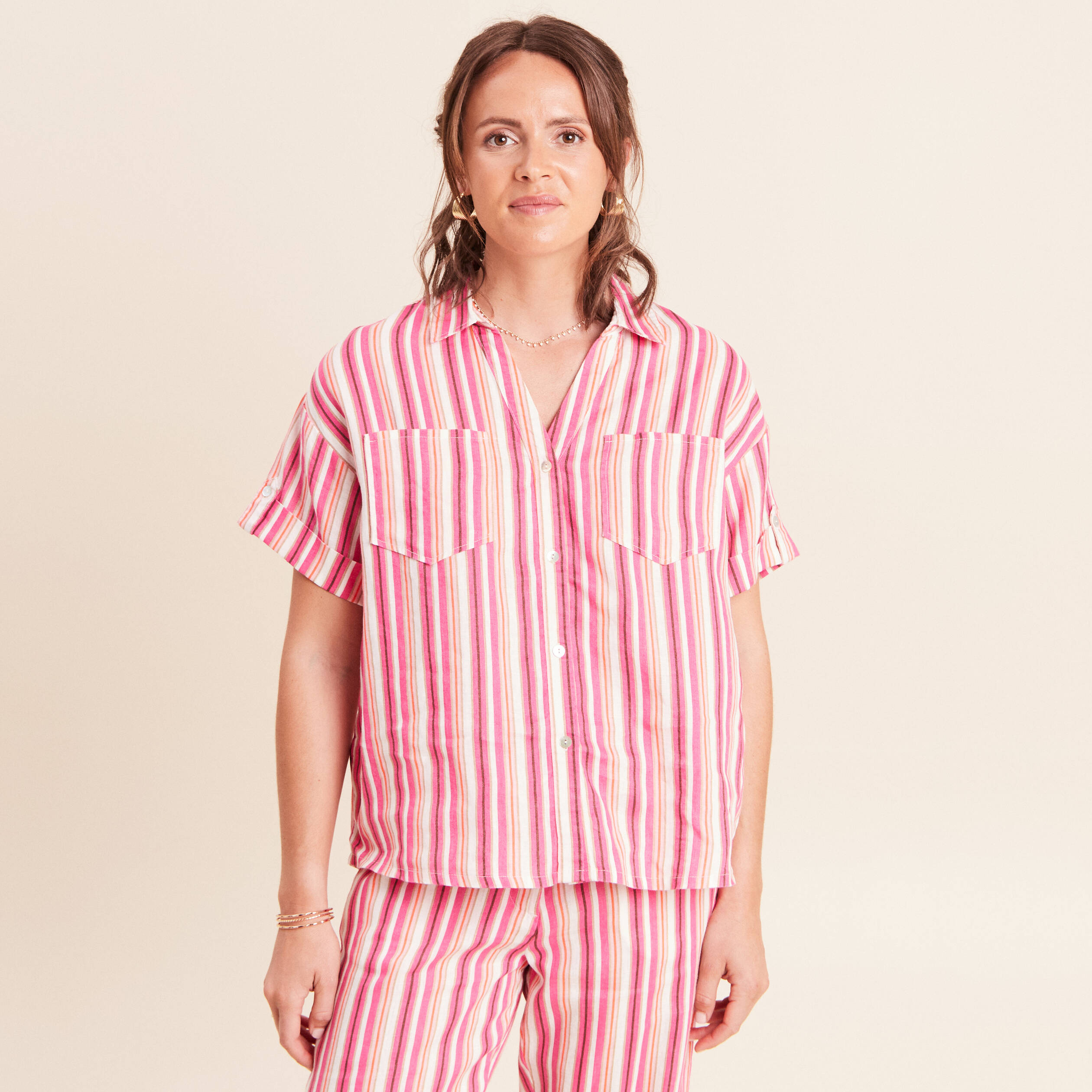 Chemise ample manches courtes aspect lin rose femme