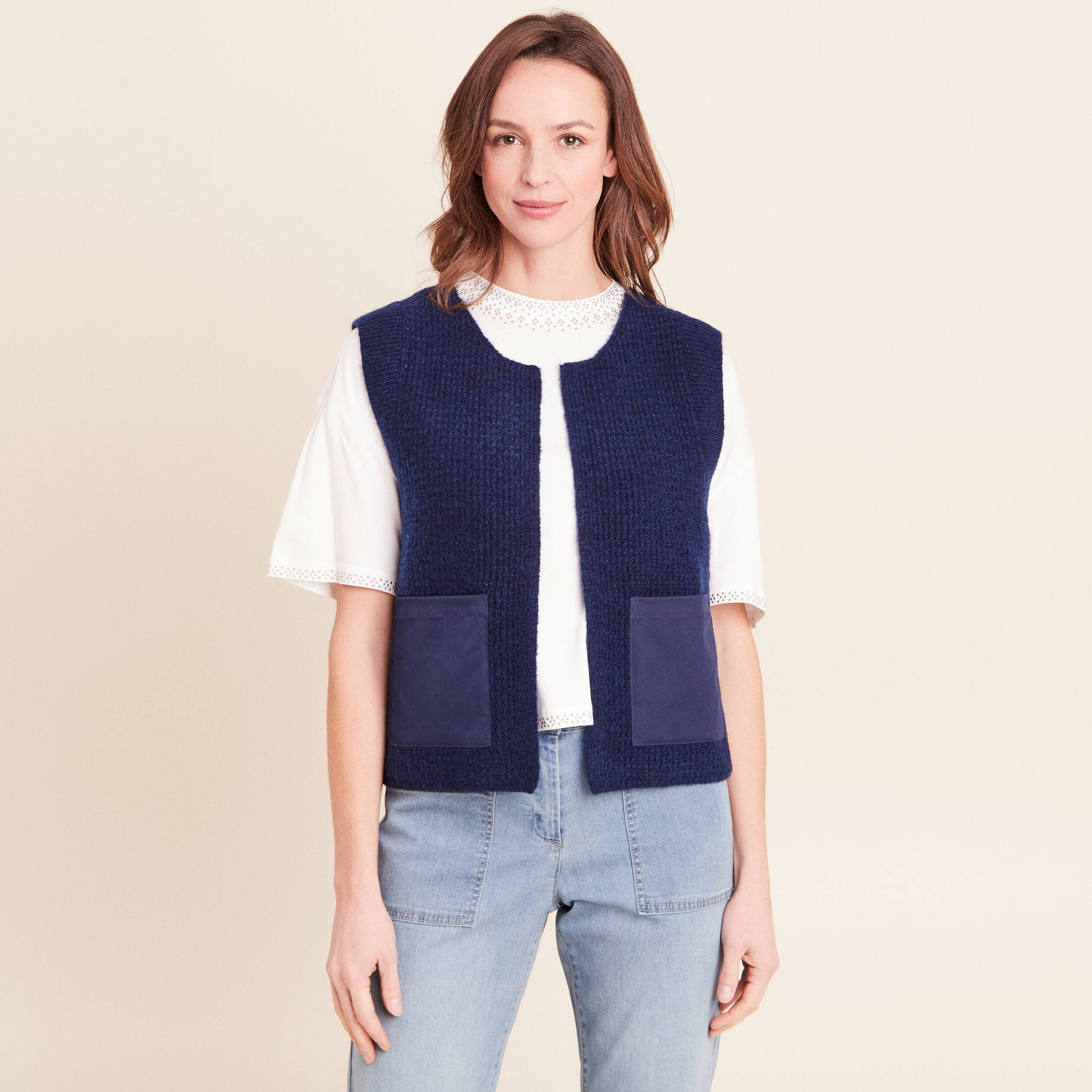 Gilet sans manches aspect laineux bleu marine femme