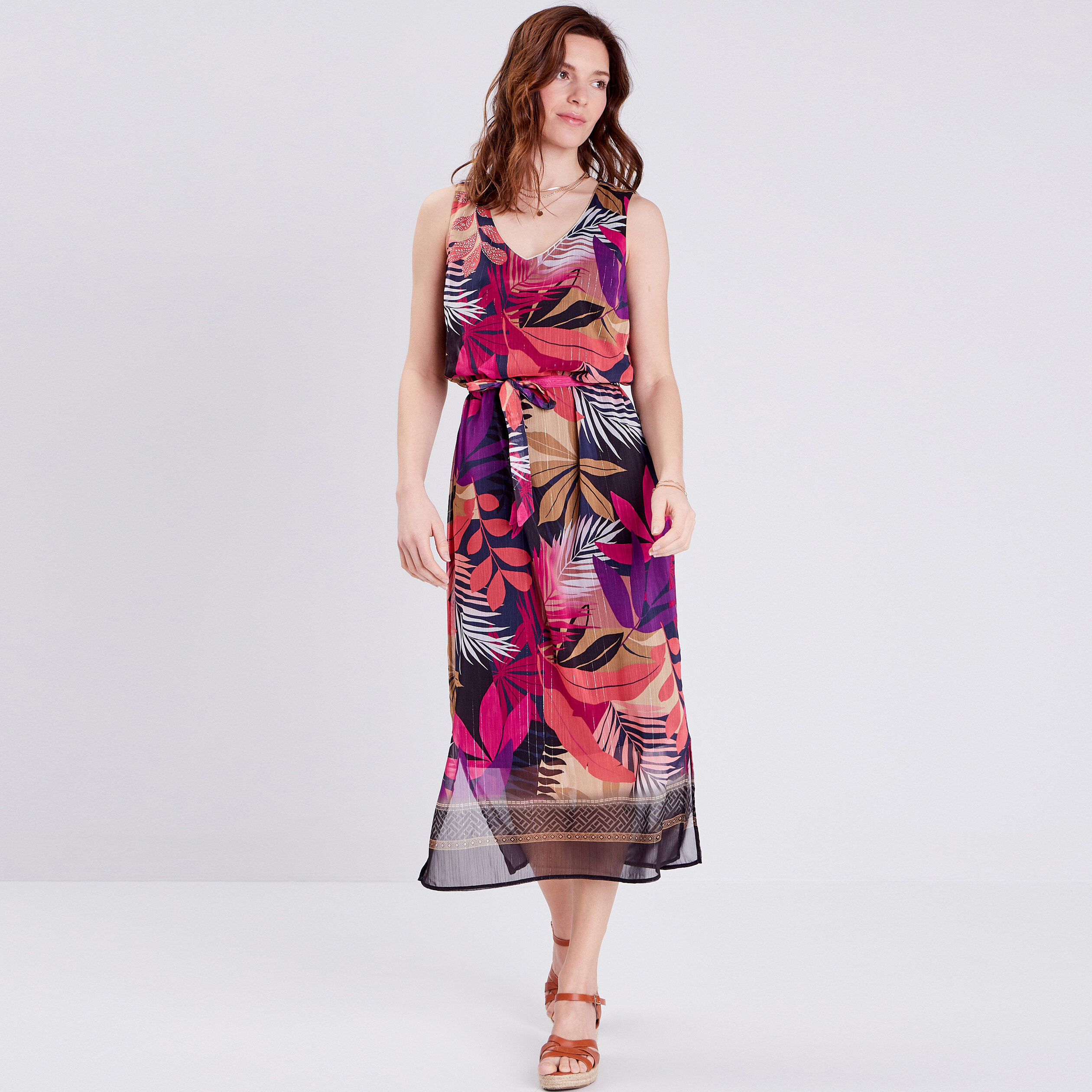 Robe longue droite ceinturée rose femme