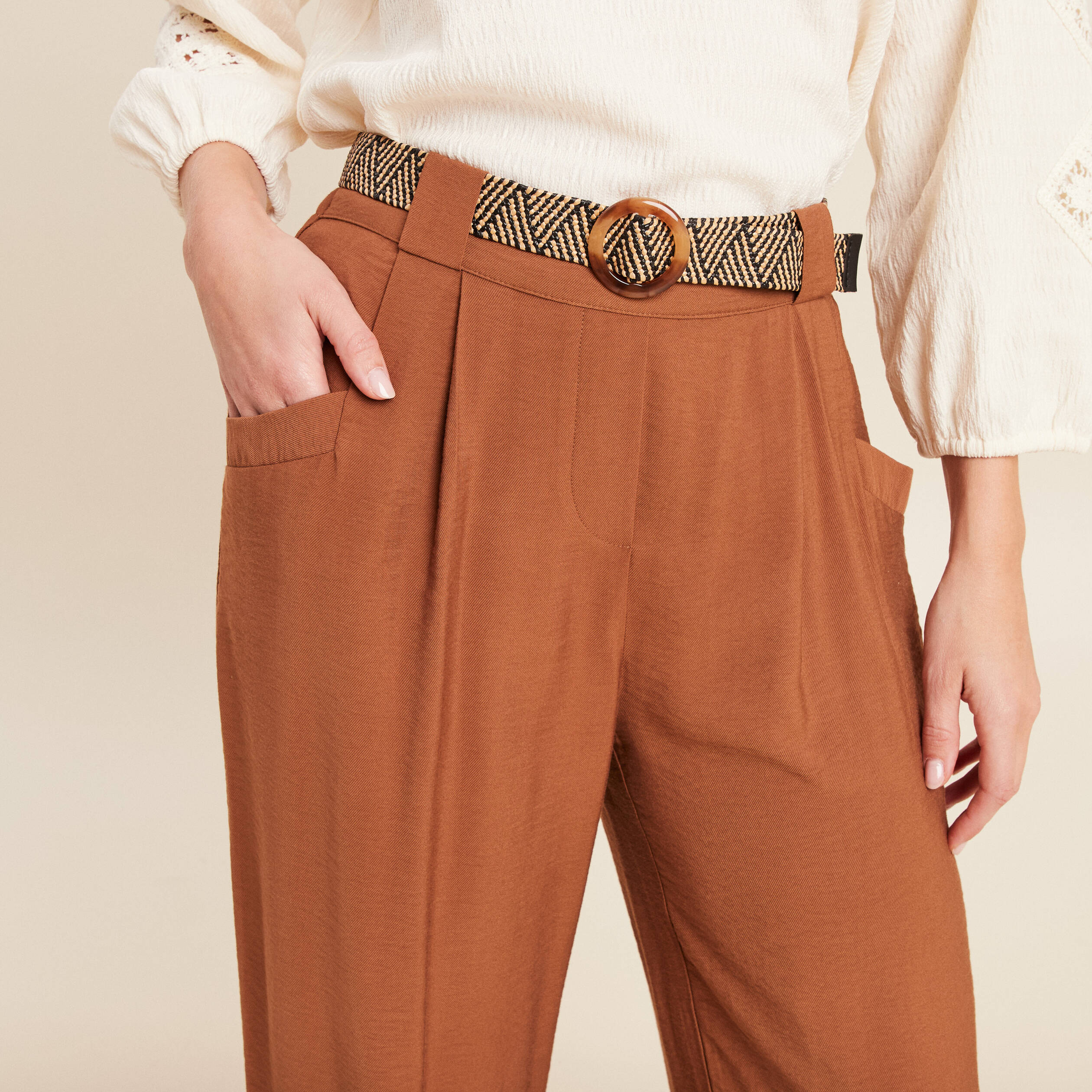 pantalon large avec ceinture amovible marron femme Pantalon large avec ceinture amovible marron femme
