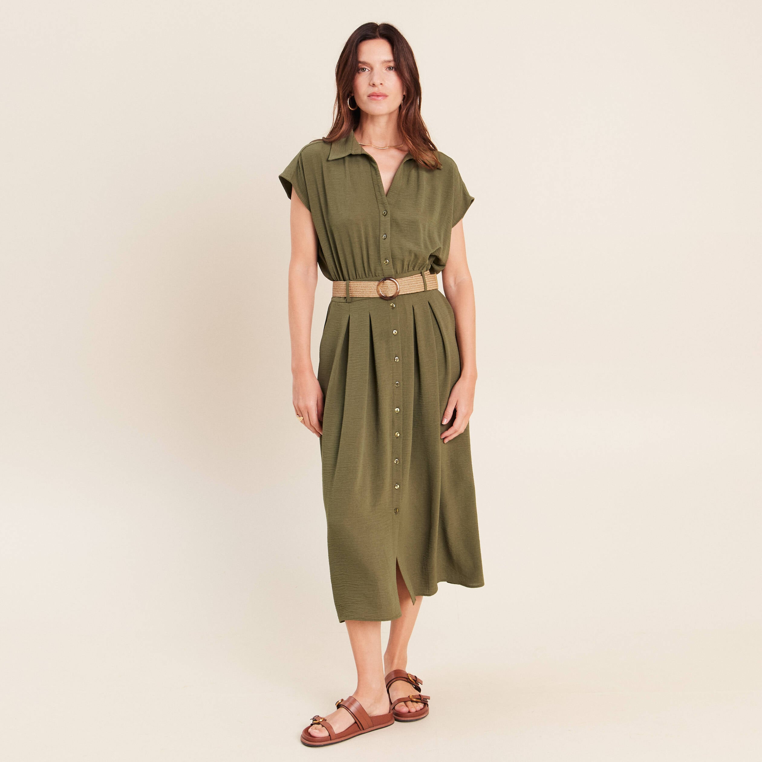 Robe patineuse 3/4 col chemise vert kaki femme