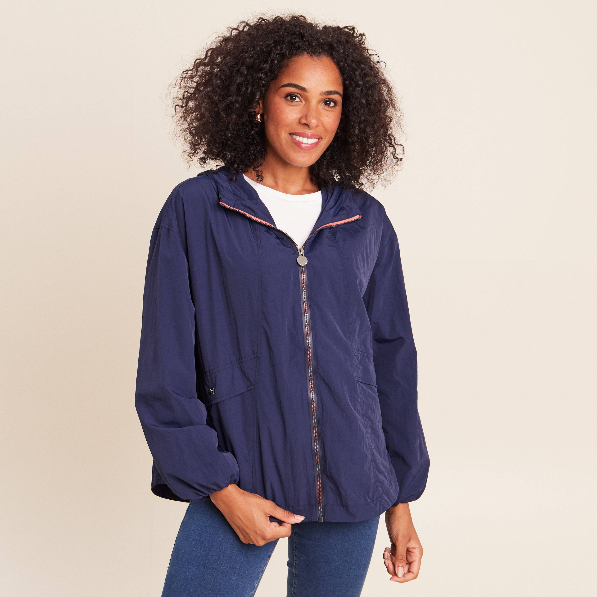 Parka ample doubl&eacute;e avec capuche bleu marine femme