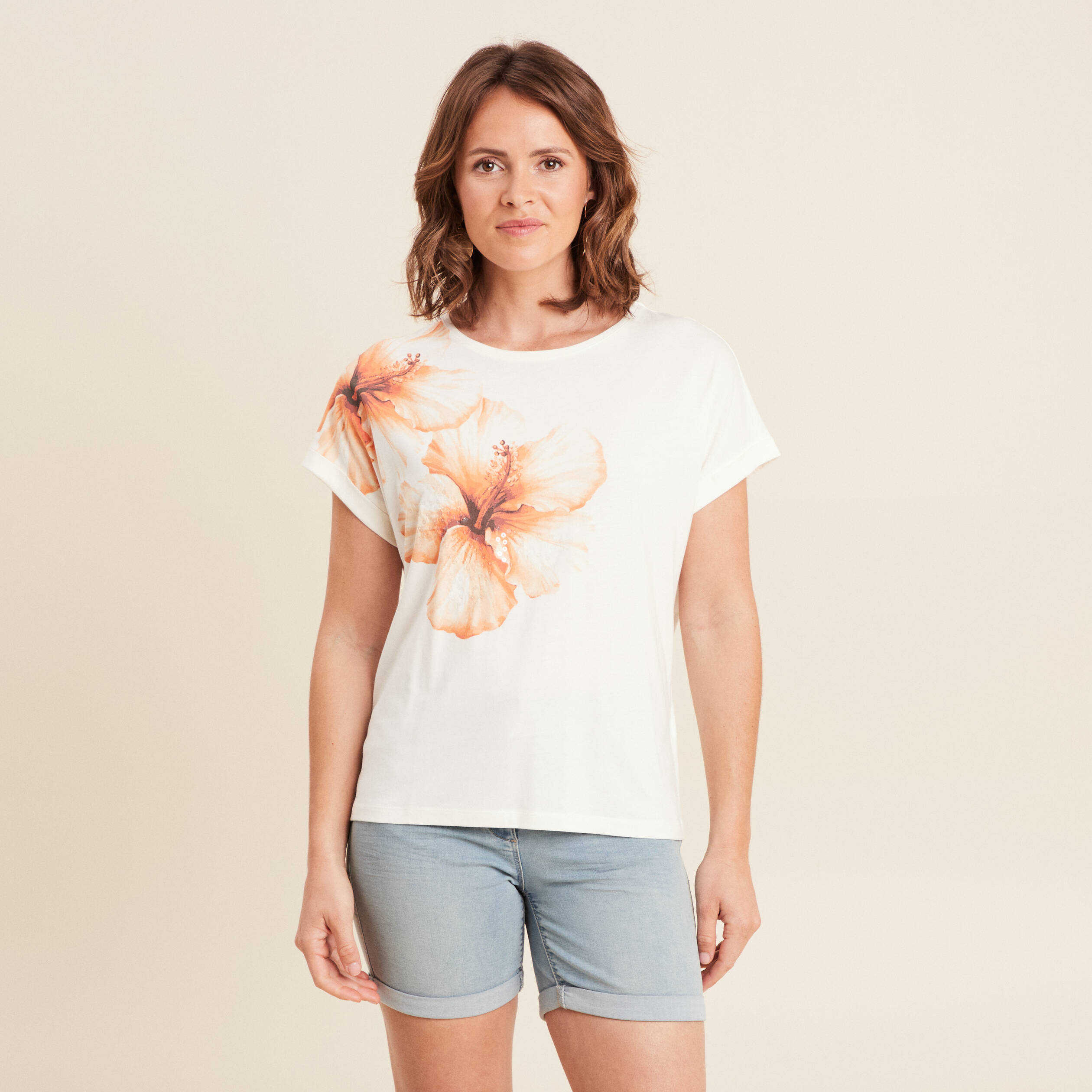 T-shirt manches courtes ecru femme