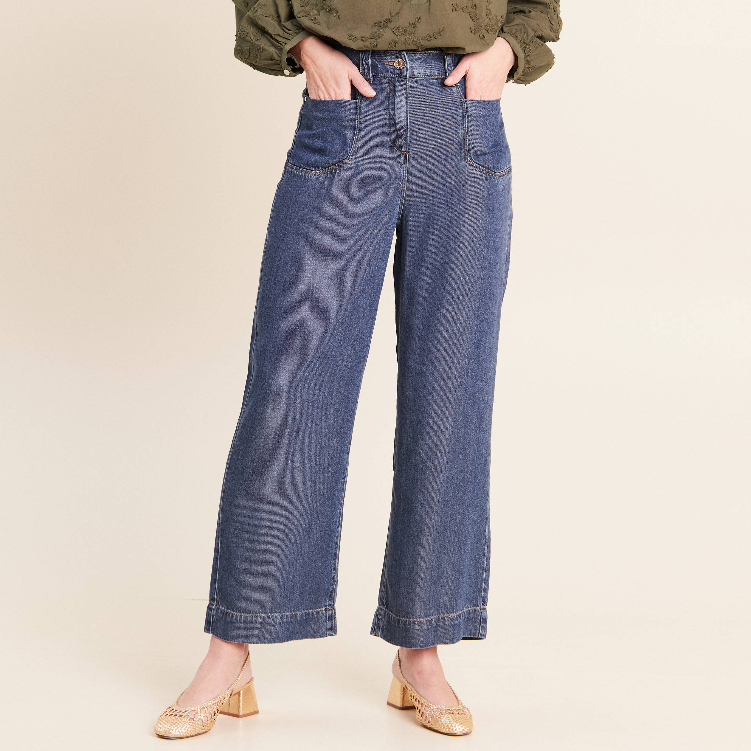 Jean large 7/8&egrave;me denim double stone femme