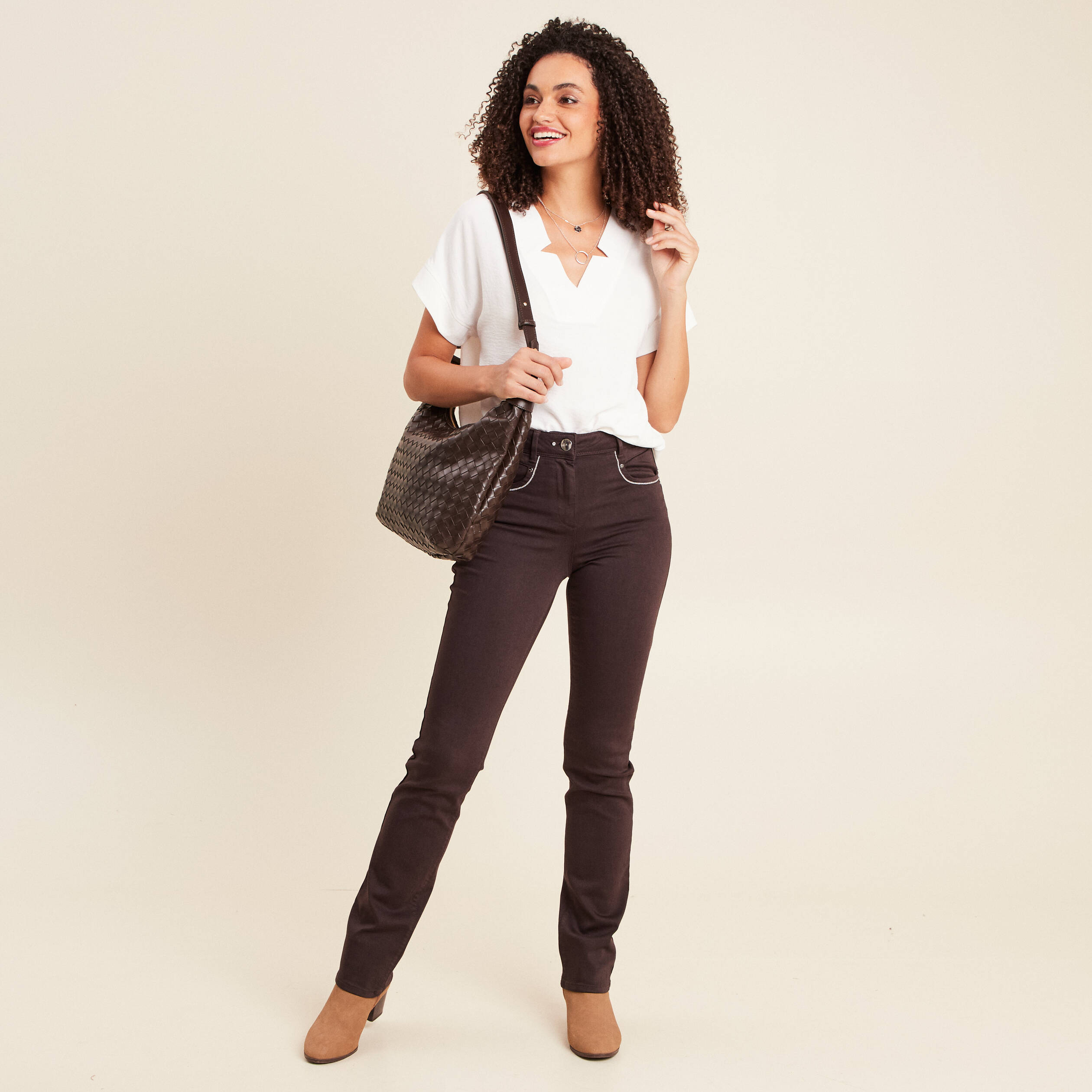 Pantalon droit taille haute marron fonc&eacute; femme