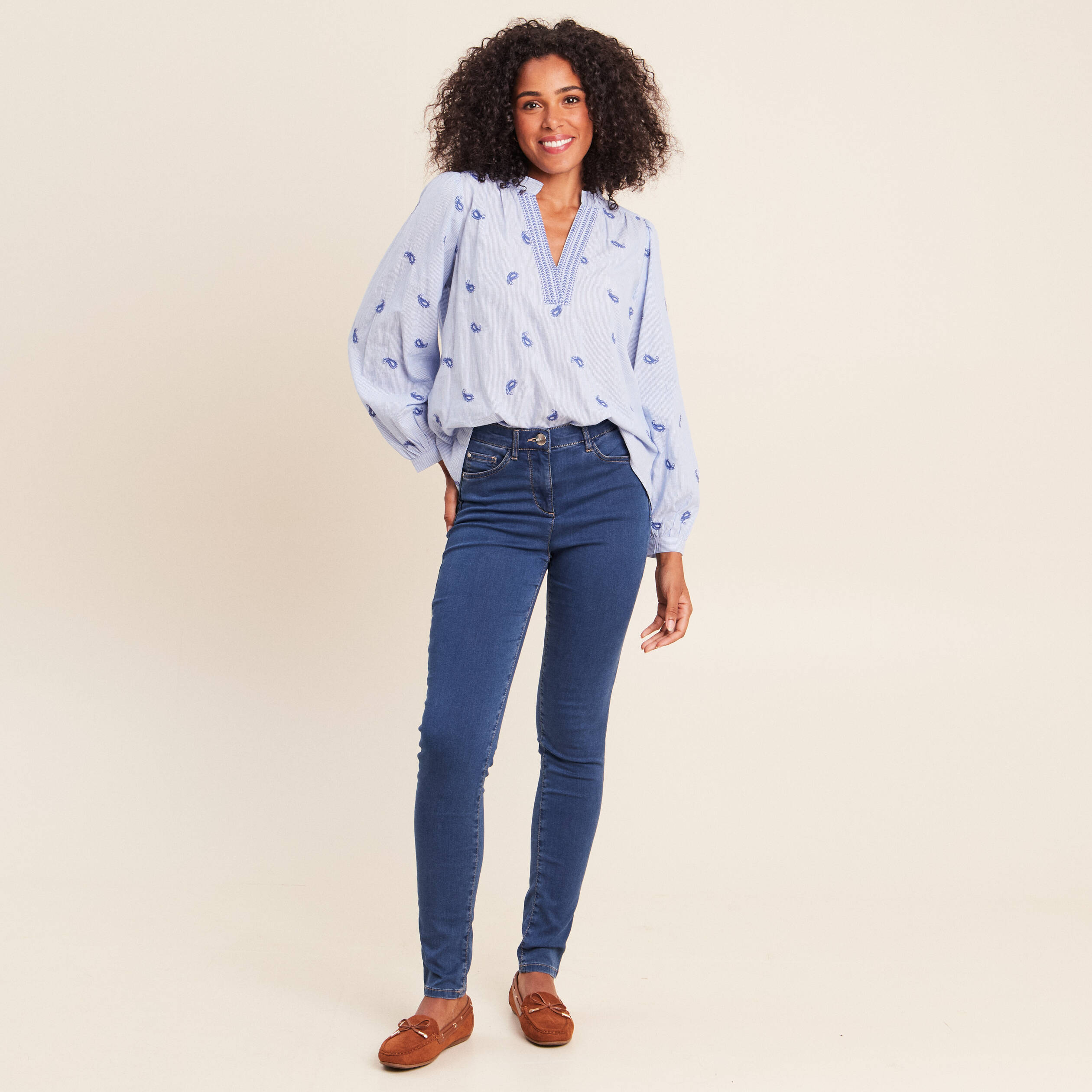 Blouse ample manches longues fluide bleu femme