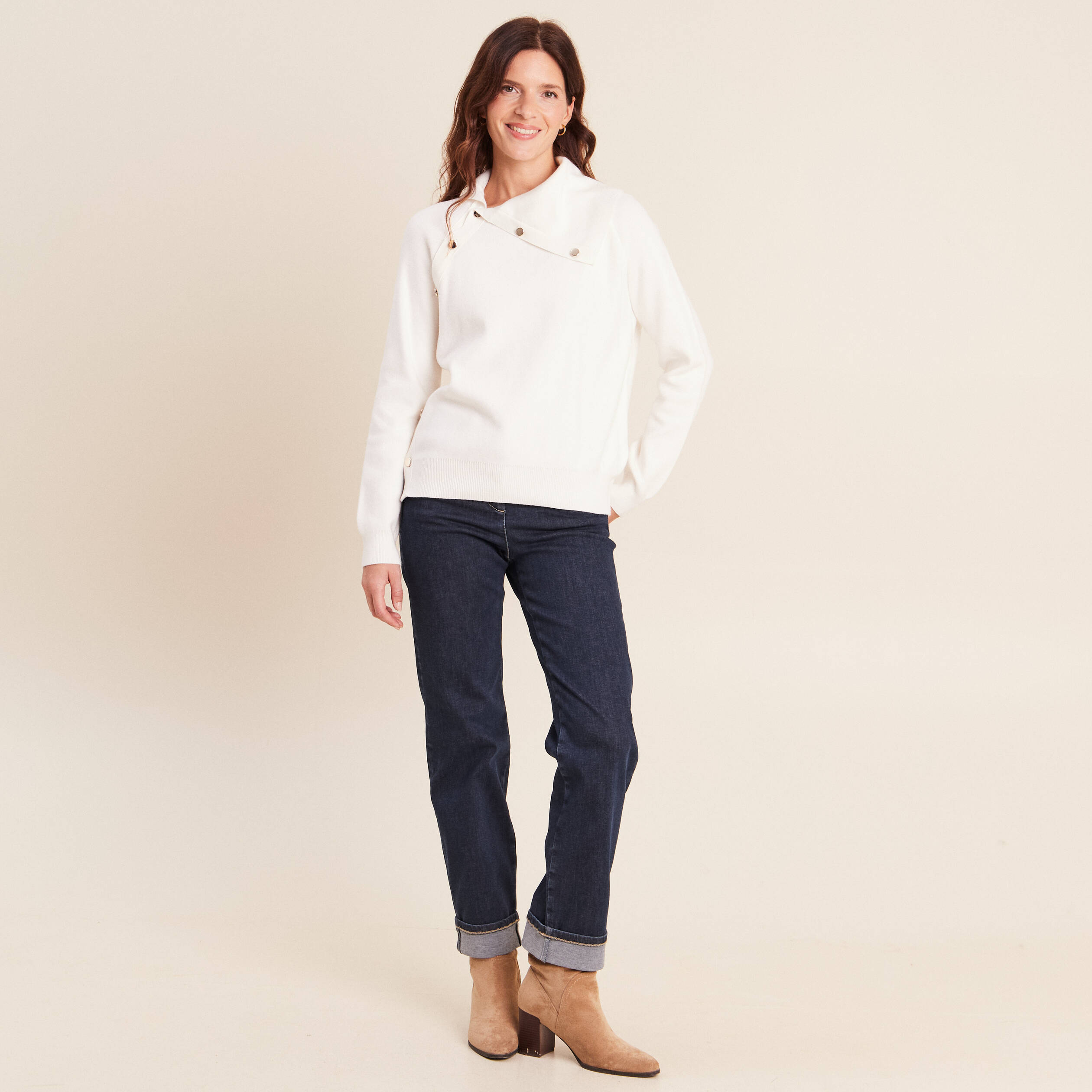 Pull droit col montant manches longues ecru femme