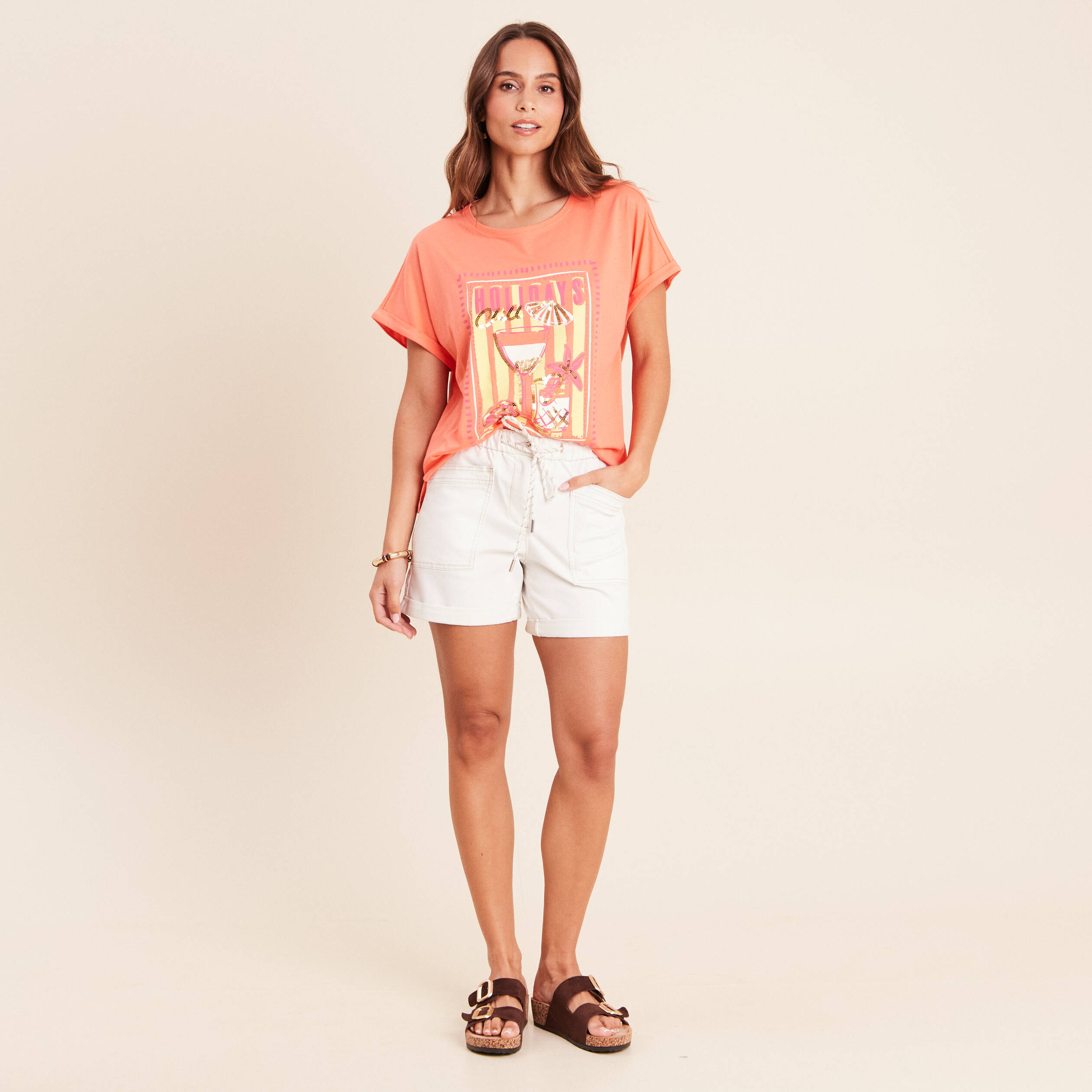 T-shirt col rond manches courtes sequins orange fluo femme