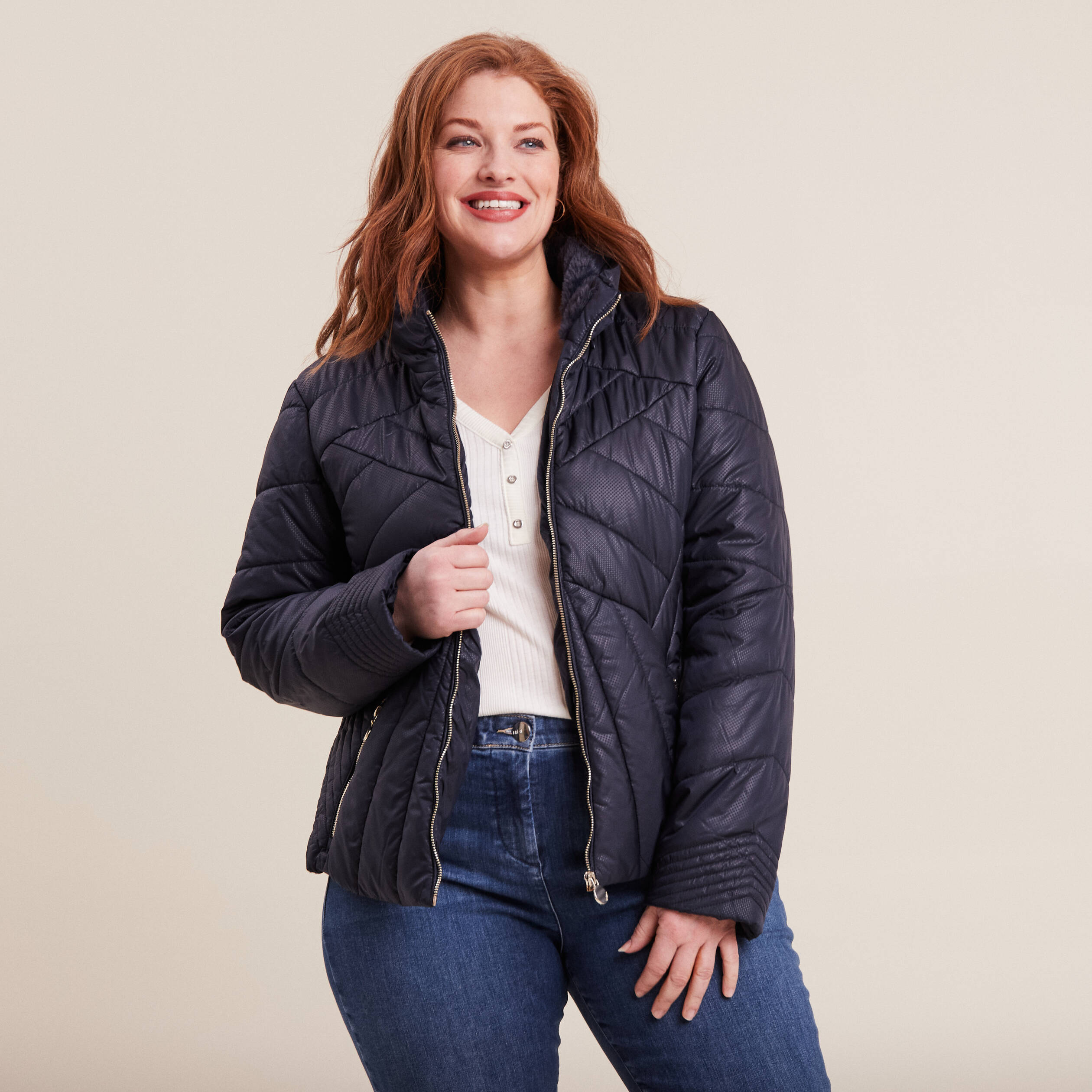 Doudoune déperlante droite zippée bleu foncé femme