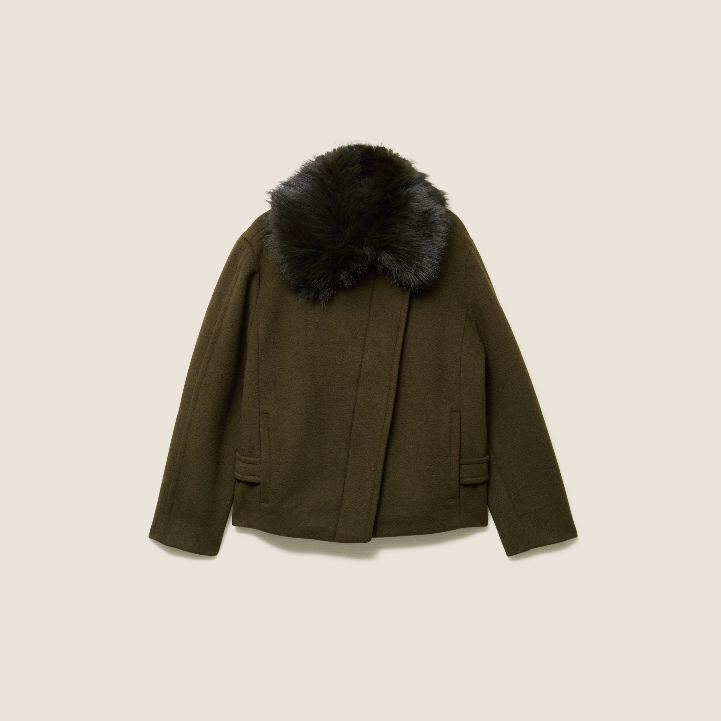 Manteau manches longues col fourrure vert kaki femme