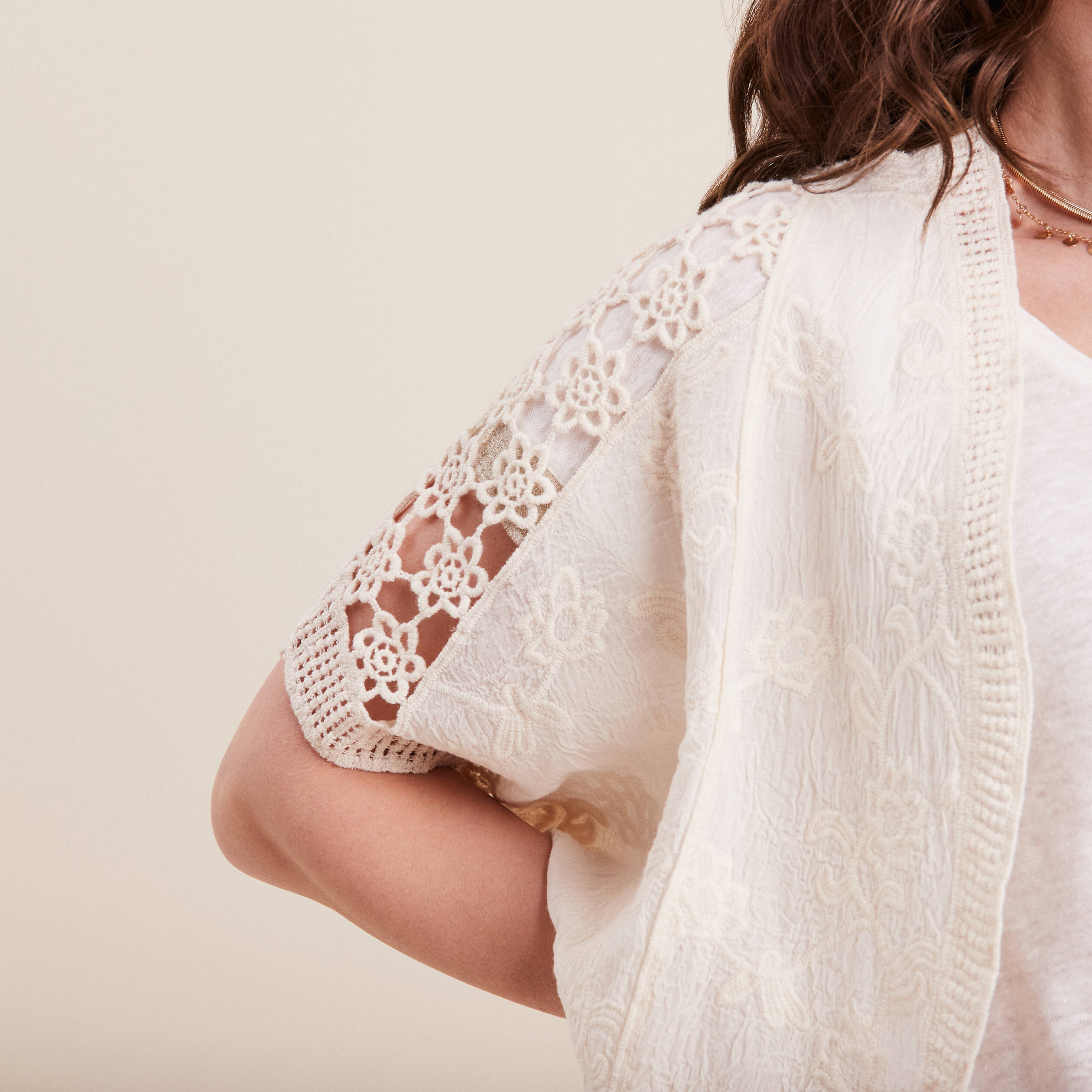 Gilet manches courtes dentelle ivoire femme