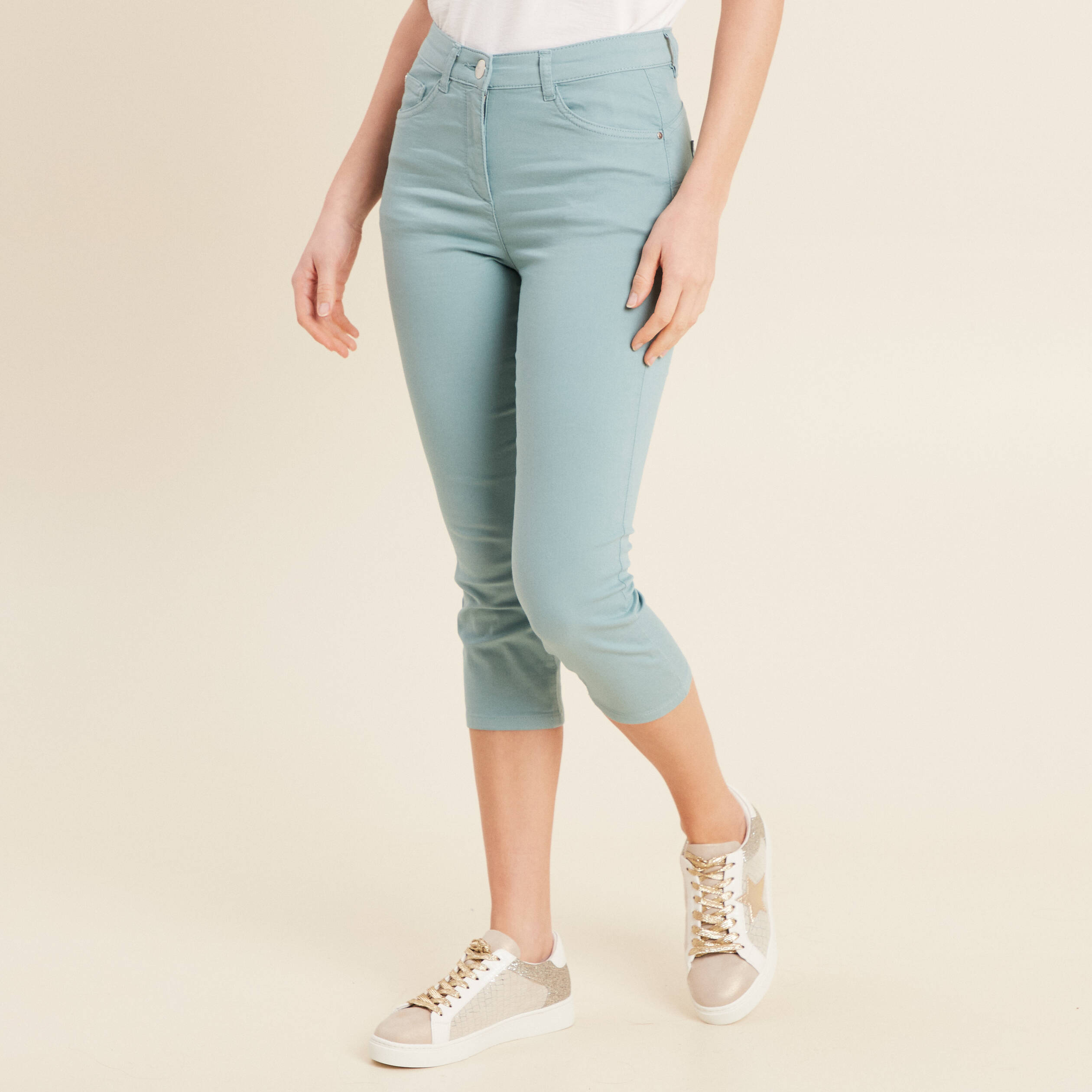 Pantacourt droit taille standard bleu canard femme