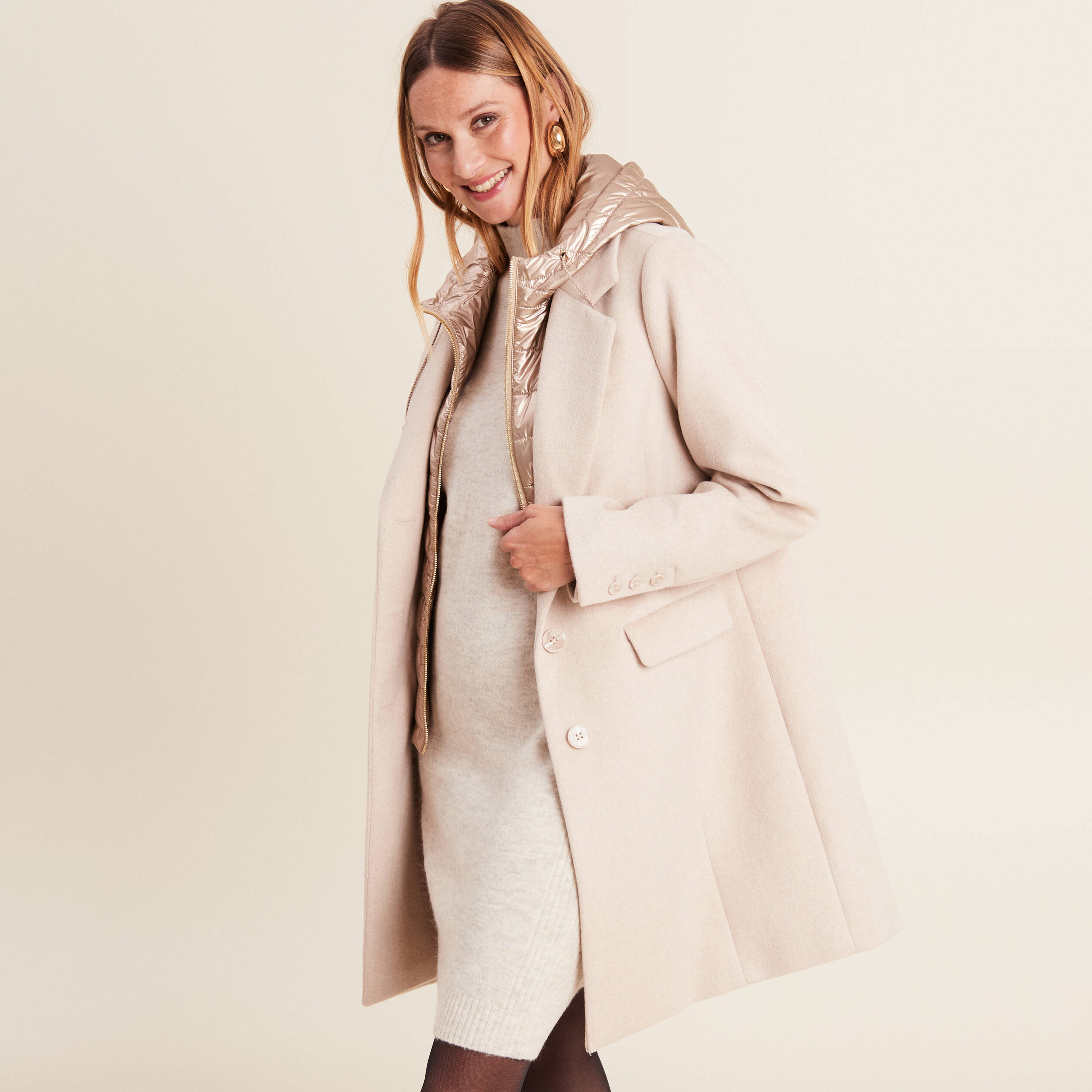 Capuche Manteau Femme Beige Laine Capuche Manteau En Laine - Main Image
