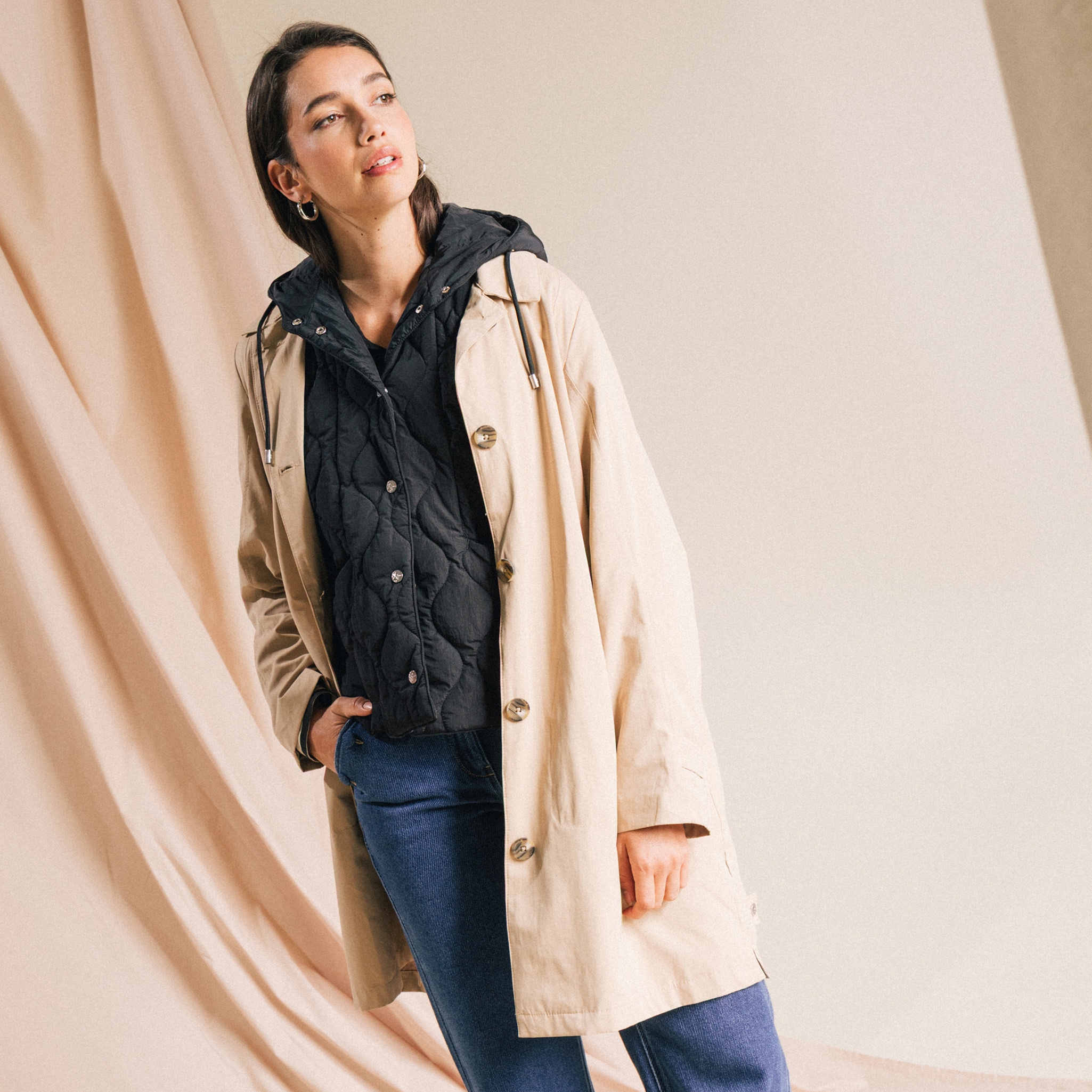 Trench doubl&eacute; satin&eacute; beige femme