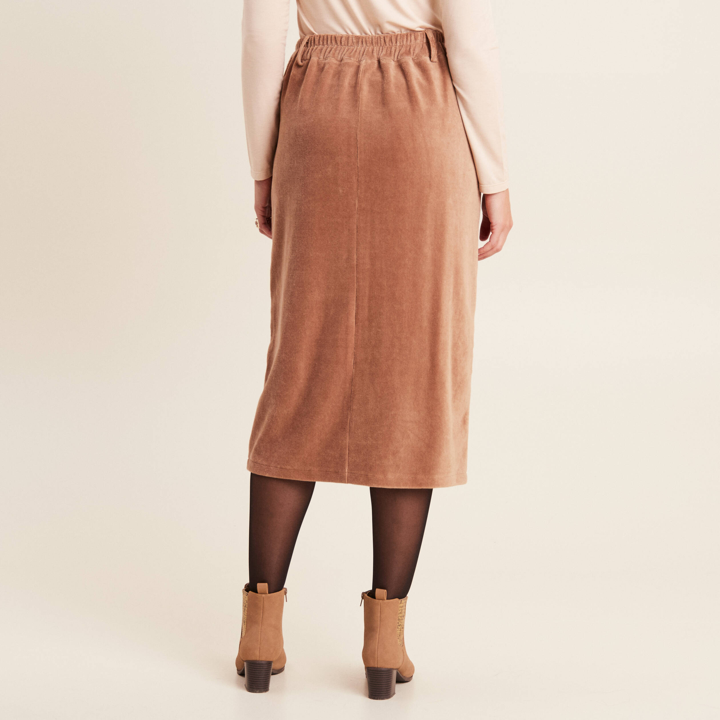 Jupe longue droite velours marron femme