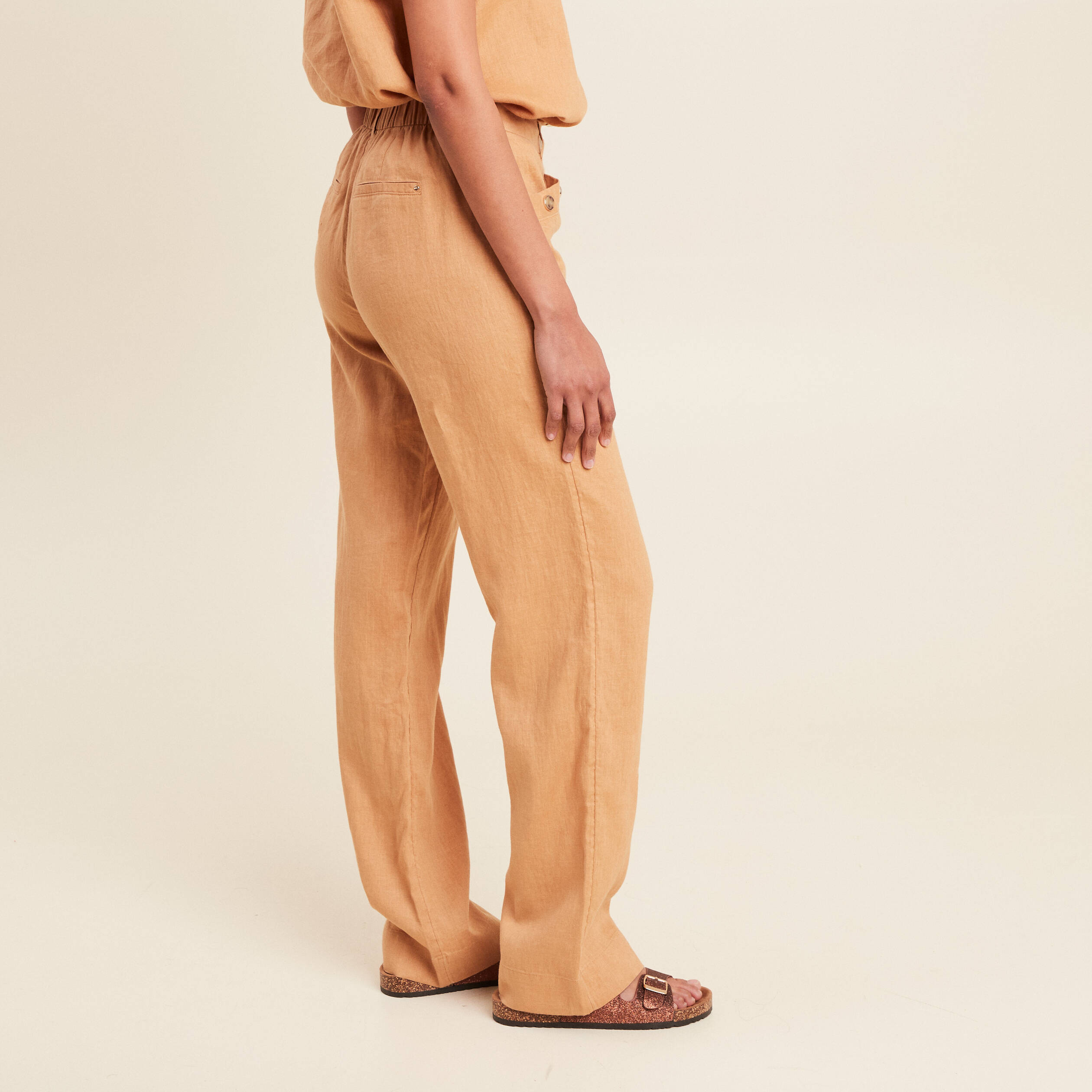 Pantalon fluide taille haute beige femme