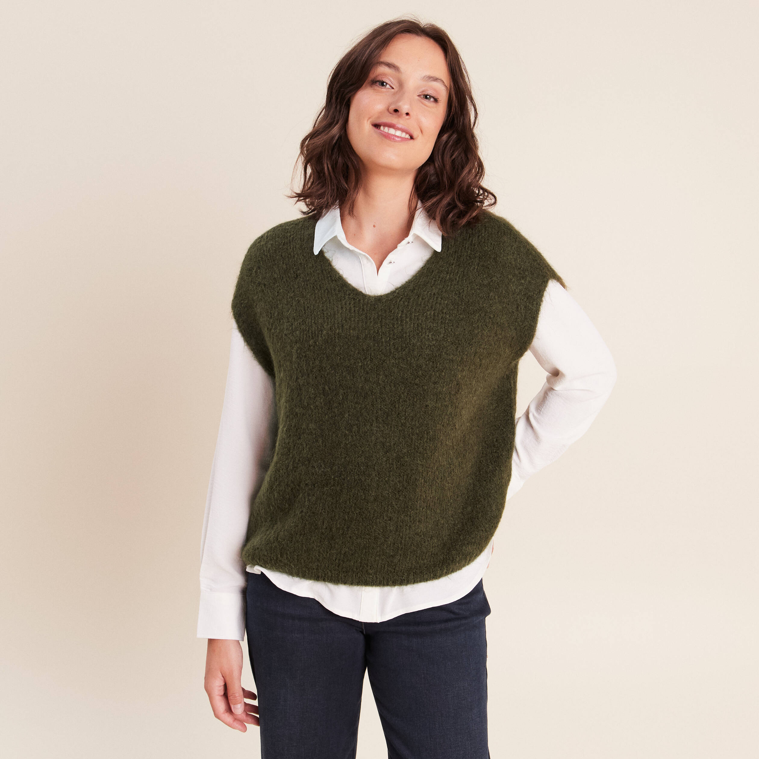 Pull sans manches vert kaki femme