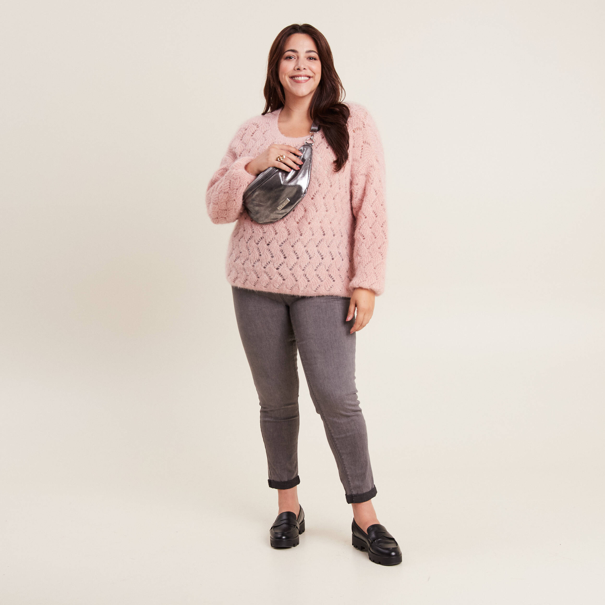 Pull manches longues ajour&eacute; vieux rose femme