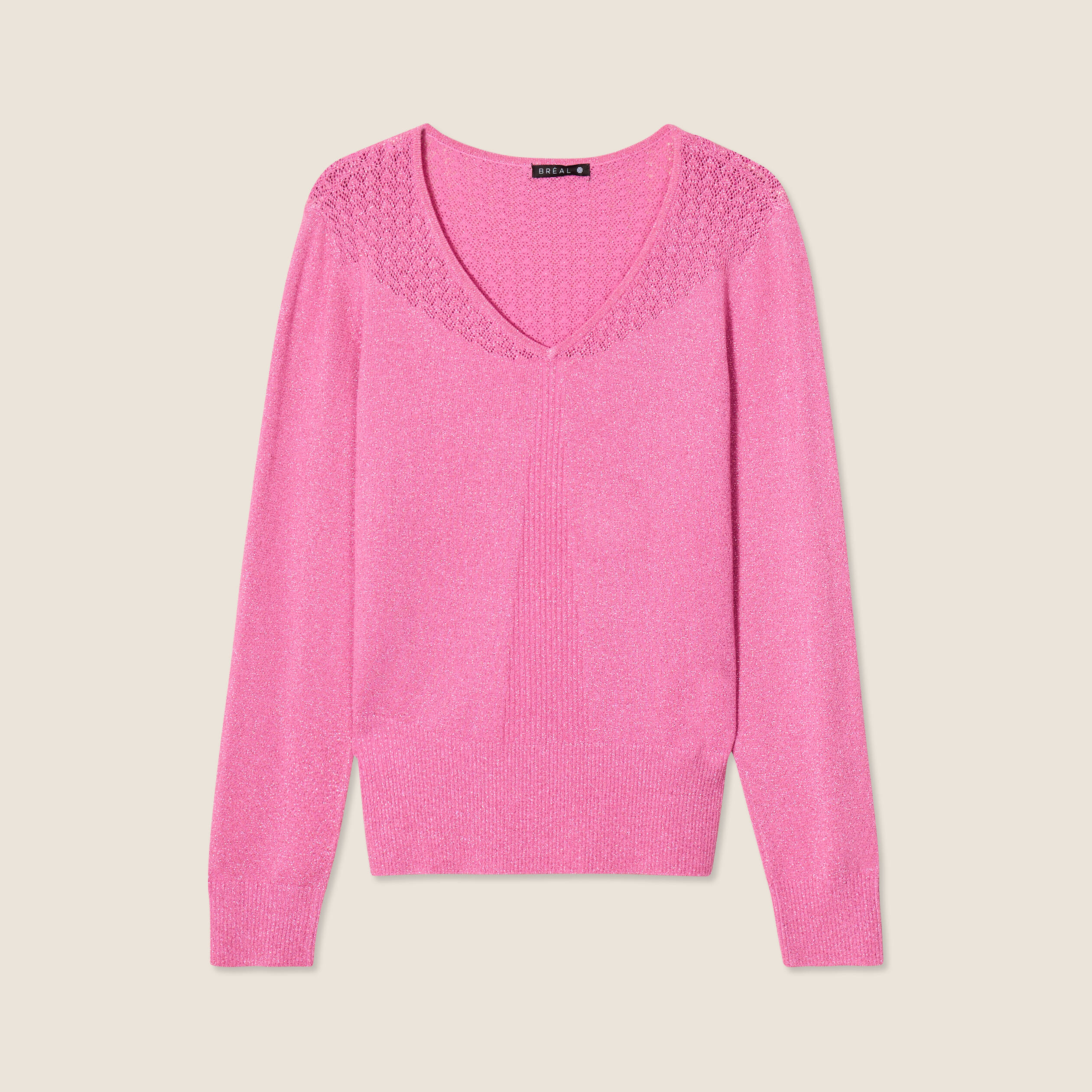 Pull manches longues col en V rose femme