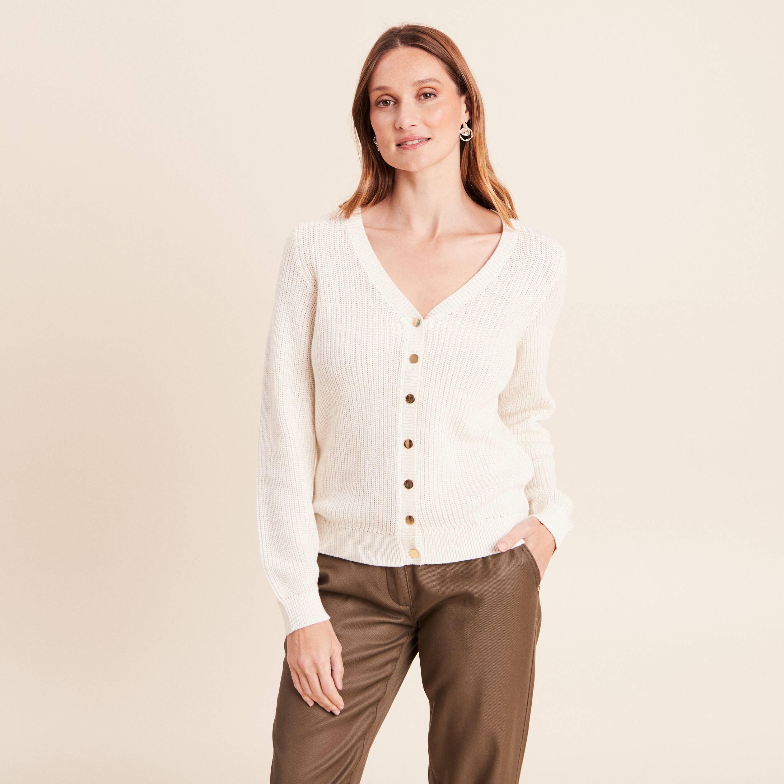 Gilet col v manches longues ecru femme