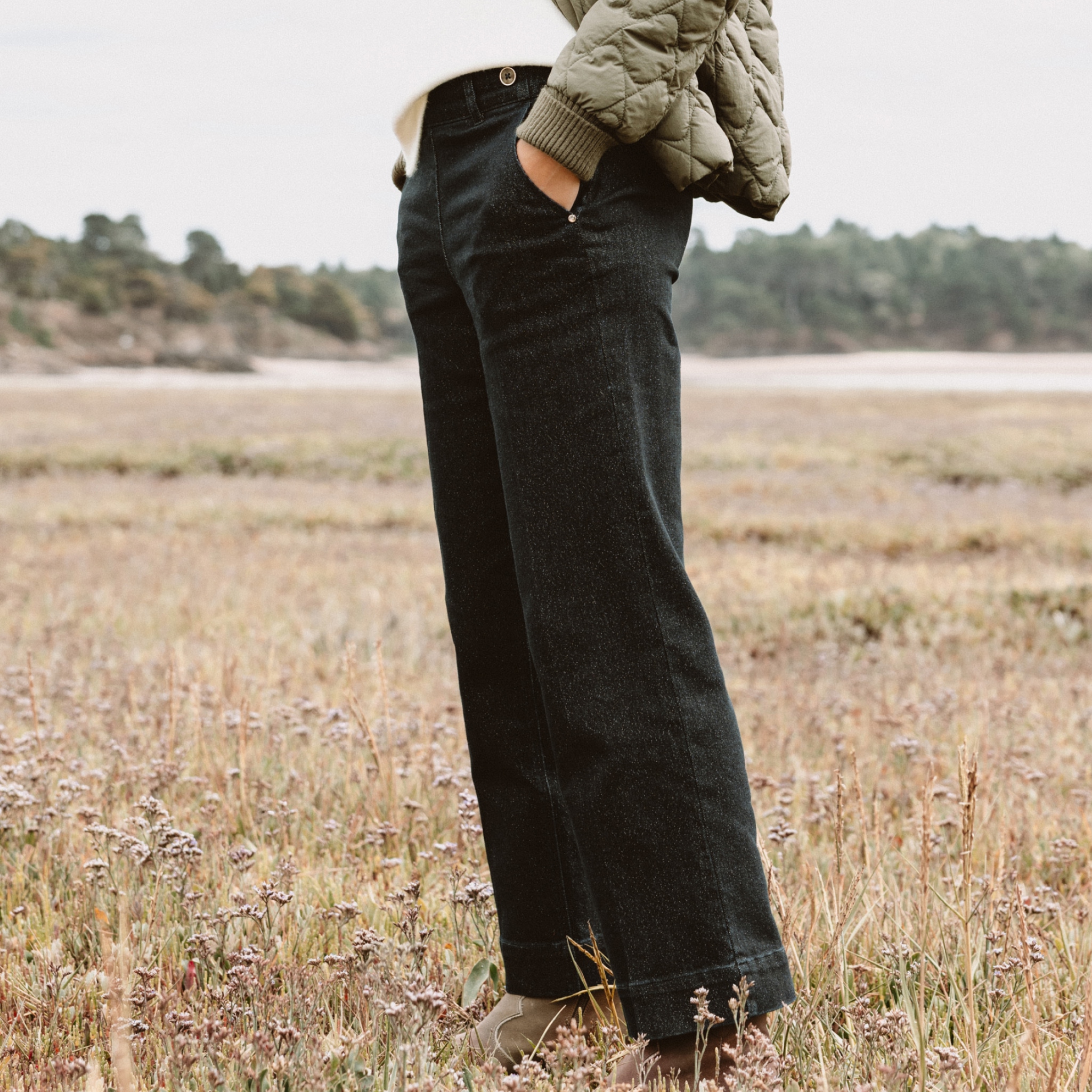 Jean large taille haute &agrave; paillettes denim brut femme