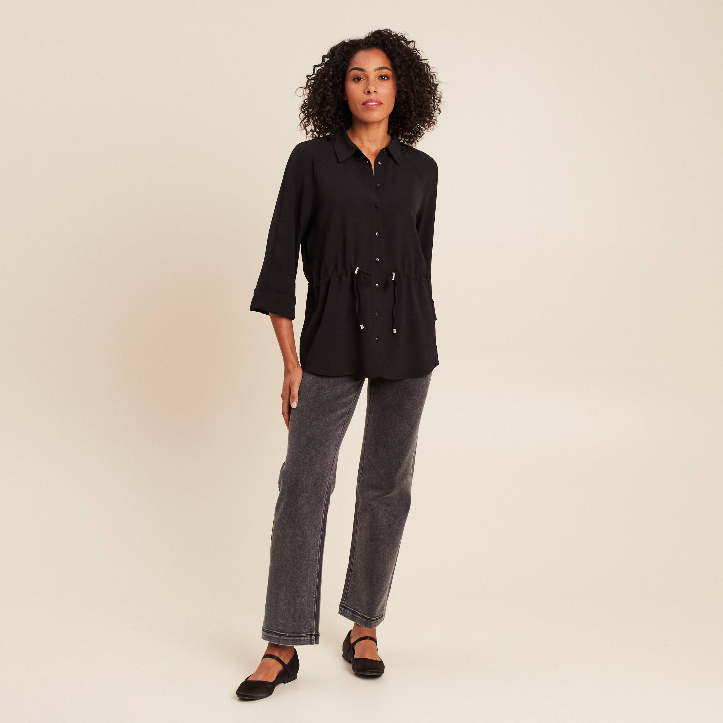 Tunique droite longue col chemise noir femme