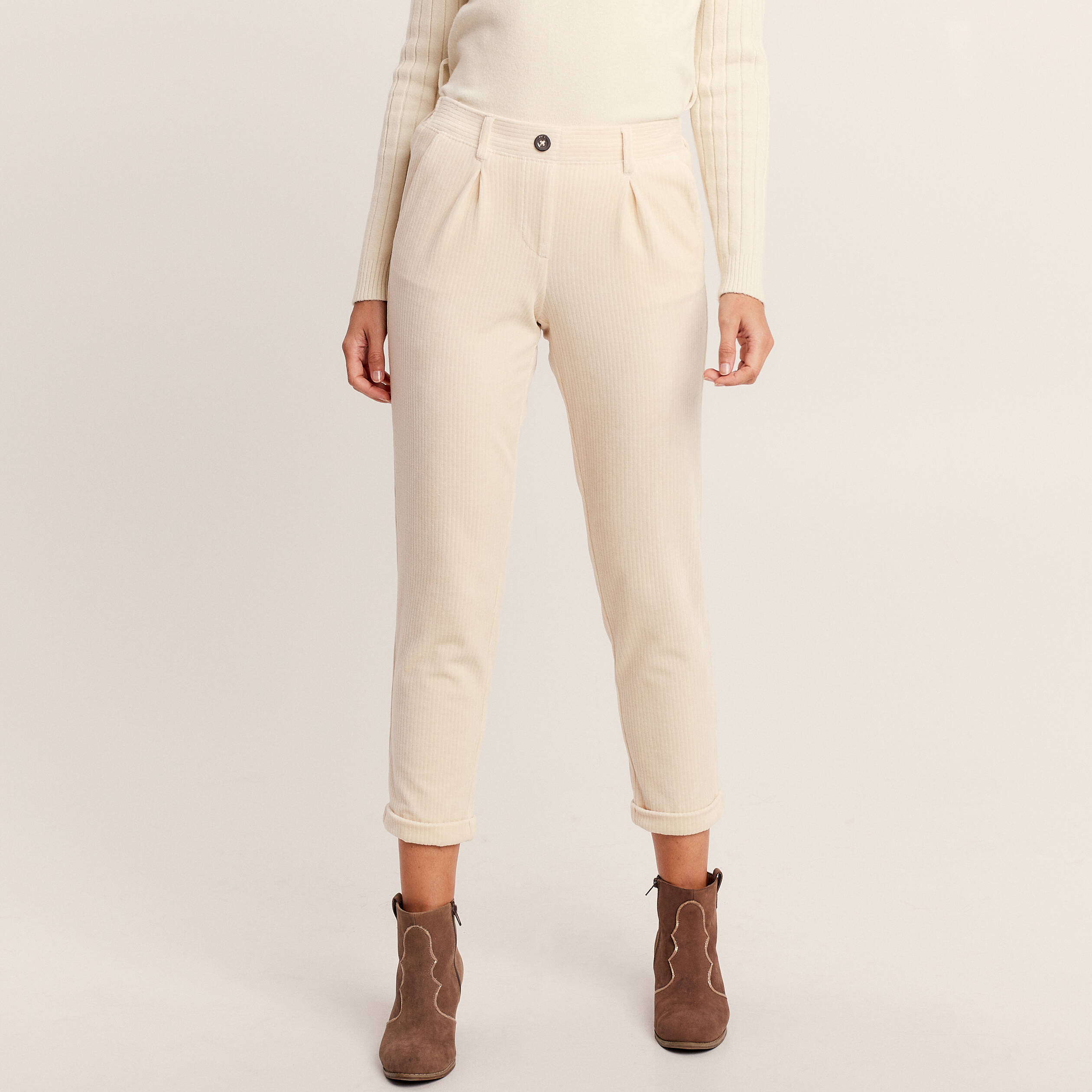 Pantalon chino flou velours ivoire femme