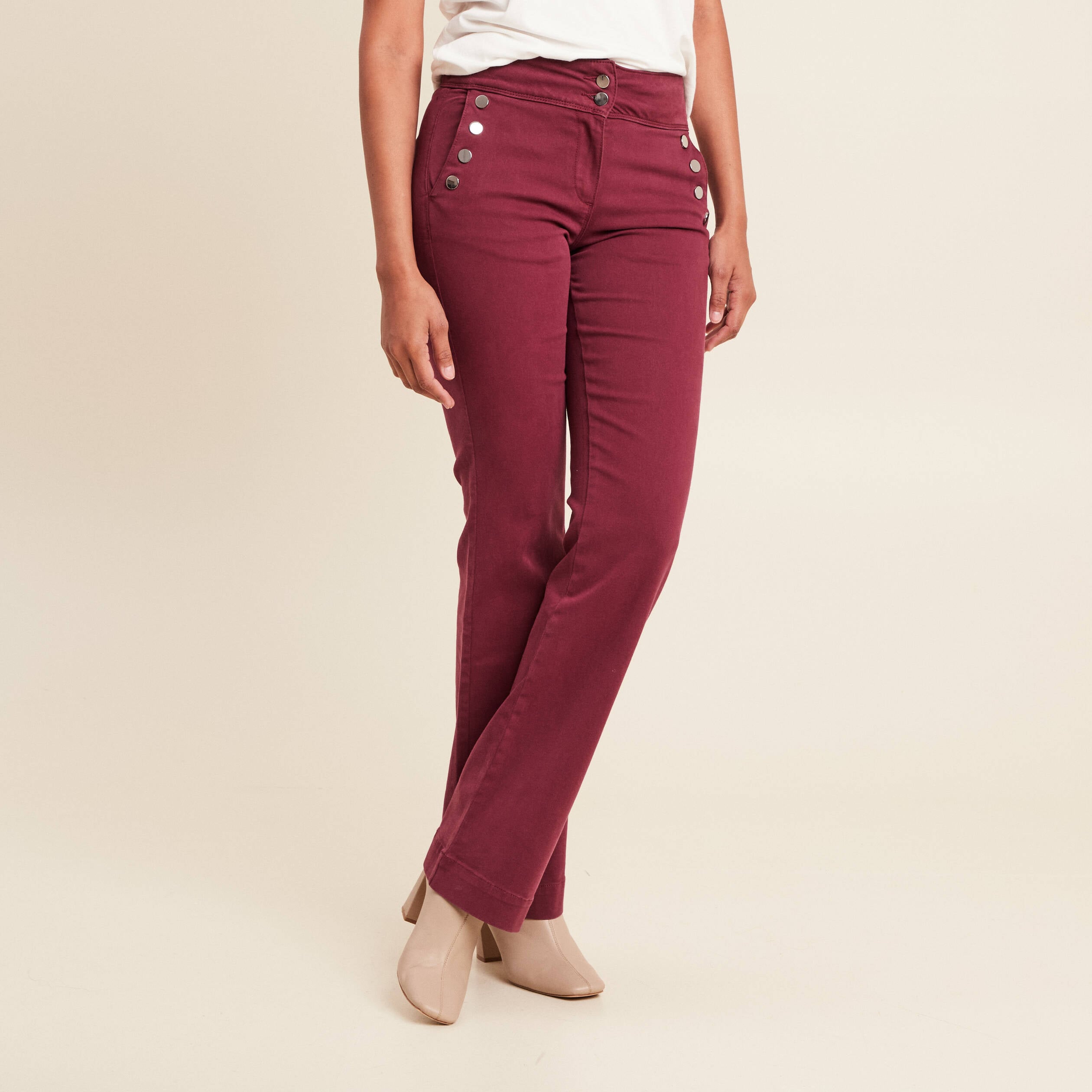 Pantalon coupe bootcut &agrave; pont bordeaux femme