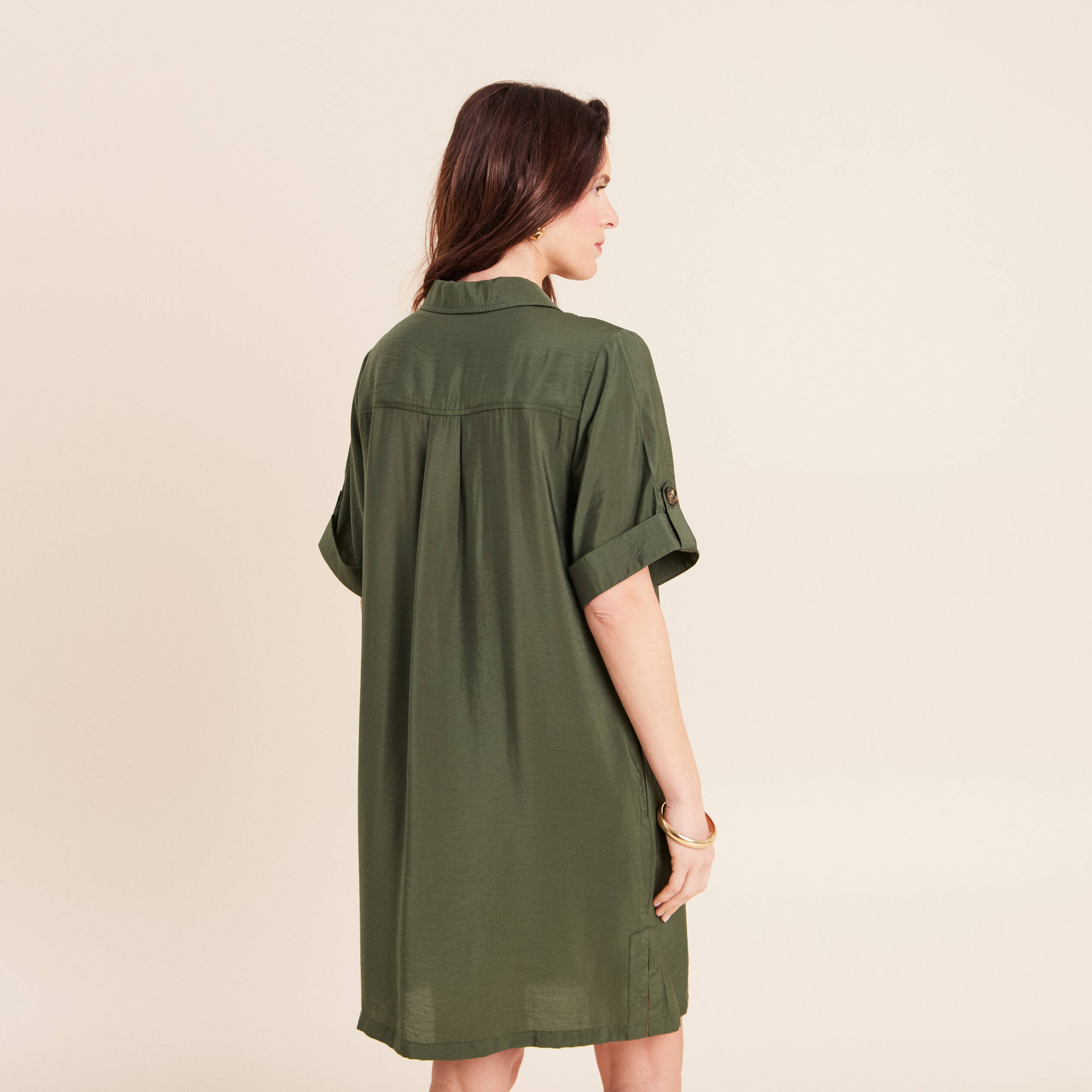 Robe droite courte col chemise vert kaki femme